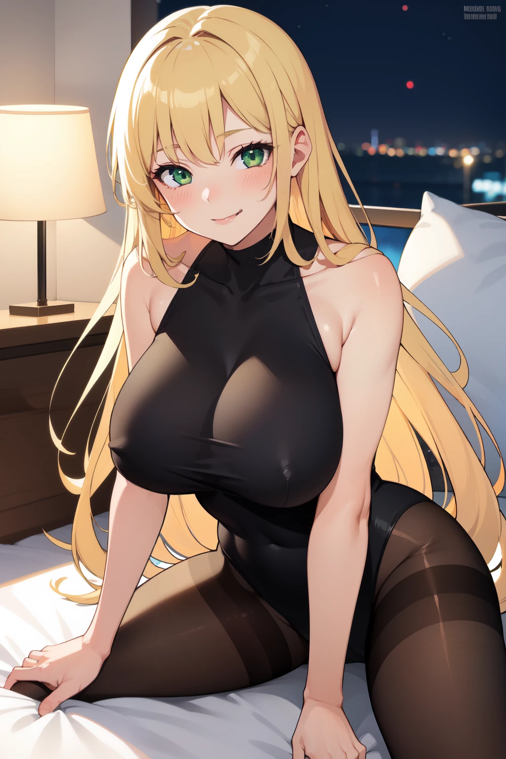 1girl, adult, blonde long hair, mess hair, green eyes, beautiful face, looking front, dreamy face, smiling, lick lips, drunked, blushed, mature, big breast, thick, prone position In bed, pantyhose, teasing, night, lamp