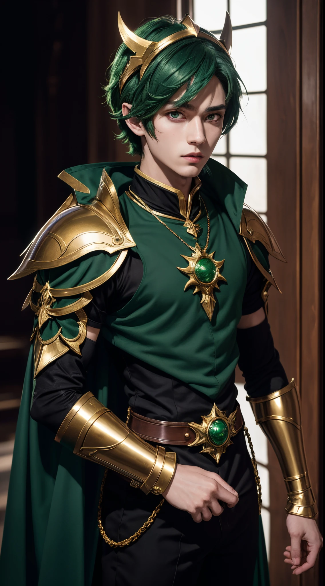 (absurdres, highres, ultra detailed, HDR), masterpiece, best quality, "magic knight rayearth" Character handsome boy in dark outfit short hair wearing detailed headgear green hair
