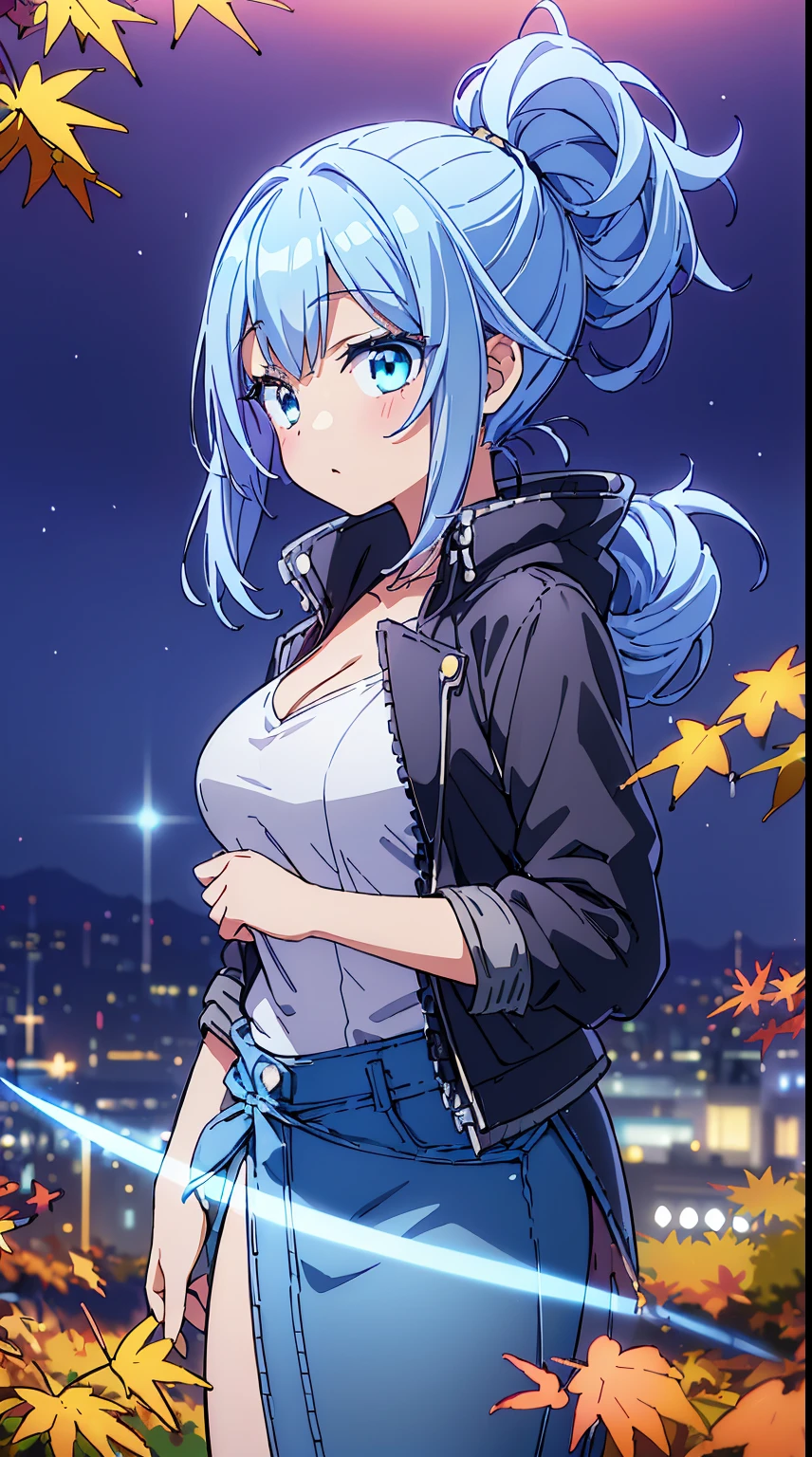 (Absurd realistic structure details),(High resolution complex and detailed text quality),(high-resolution microstructure、High Poly 3D Rendering Correction),Methods of geometry,Careful explanatory anatomy,
BREAK,
1 person,Solo,(Cute:1.5),(Chibi:0.6),(kawaii:1.5),(Lori:0.5),( girl),Very detailed,colourfull,highest details,Clear skin,Beautiful skin,Shy,Very detailed,colourfull,highest details,Clear skin,Beautiful skin,Shy skin,1 beautiful girl,{Heterochromia,pale blue eyes,pale green eyes:1.9},star eye silhouette, BREAK,(pale blue hair, Medium length:1.4),(Side Ponytail,A little curly hair,Single-sided twisted blade,Princess Cut:1.3),(cleavage of the breast,Large breasts,Beautiful , gleaming skin,Clear skin, Beautiful skin,(best quality face),(Top quality glowing eyes),
BREAK(Denim jacket:1.2), White T-shirt, (Maxi skirt:1.3), (Fringe Scarves:1.2), lowfers,
BREAK,(Sunset), (There is a picture of a road made of electric wires and poles..., anime countryside landscape, Anime Background Art, Anime landscapes, very detailed illustration.", anime style cityscape, style of makoto shinkai, anime backgrounds, Anime landscapes, in the style of makoto shinkai, painted in anime painter studio:1.3),Waterfall,depth of fields,a closed mouth,(Osaka in Autumn:1.55), blush, bottles, (Look back:0.6), (Sexy Pose:1.2), (tilt head:1.1),
BREAK, (Dynamic Angle,from the front side:1.2), wakame,wakame,wakame,
BREAK,(Blurry background:1.3),(absurderes, hight resolution, Super Detail Art),cel shading,Clear Color, Lonely optical effect, Beautiful pictures, Bright glow, mystic atmosphere,(Close-up of girl:1.1), (Bright glow, Light particle effect, light leaks, Aerial effects:1.1), clean line drawings,Clear Color, Beautiful pictures,