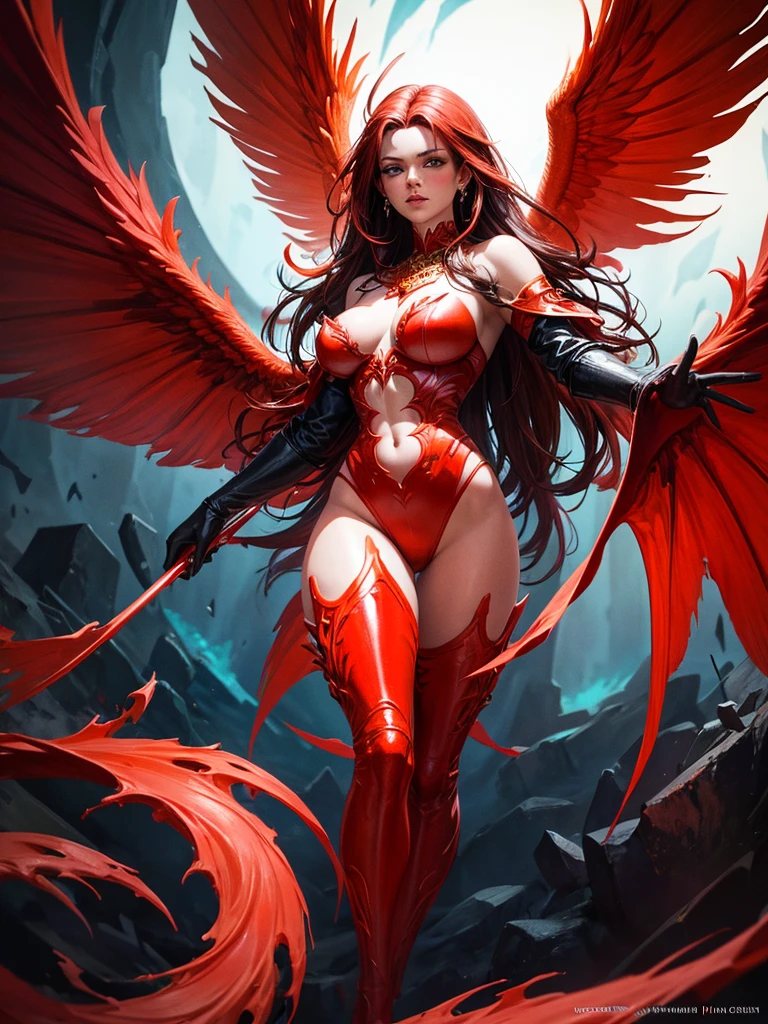 Completely red acrylic painting, glossy, glittering, with glaze: A majestic and fearsome female deamon, very beautiful, with fiery wings and a mighty tail, reigning over a desolate wasteland with an iron fist and a thirst for destruction. Mystic lights. In the style of Boris Vallejo. All done with red paint, using only shades of red, and an accent of orange.