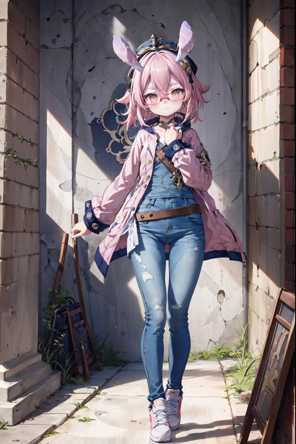 Melousine|genshin impact, masterpiece, bestquality,3 girl, Long Jeans, Wear glasses, long-haired, pink hair,unstable _Front,oily shiny skin,flat chest,nice leg line:1.3,thick thighs, thin-waist,, red_streaks_light_wrap_dress, white_platform_sneakers, woven_El_bag, straw_headgear, gold_hoop_earrings, jacket, long jeans city scenery,looking at the audience,From Top:1.2,dynamic angle