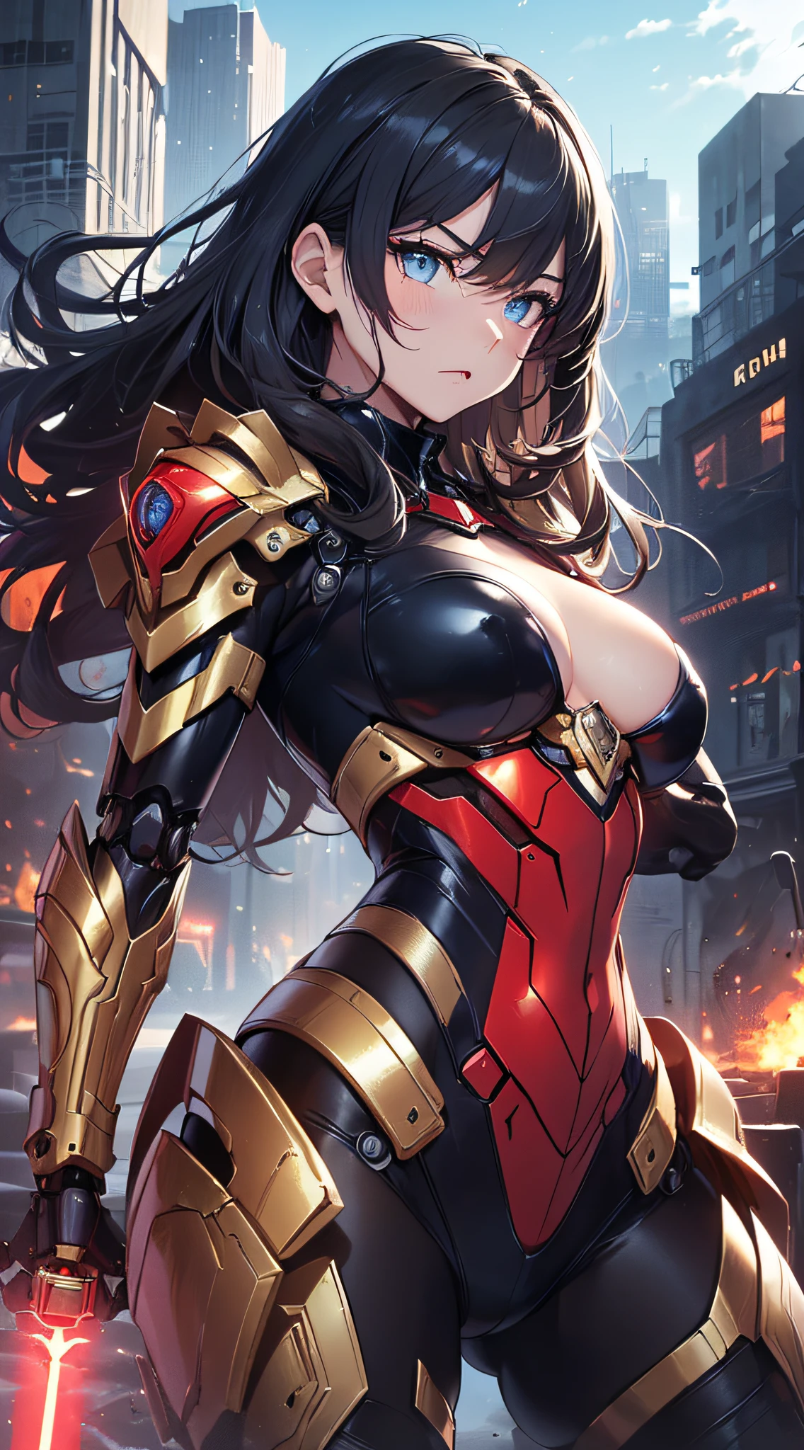 top-quality、Top image quality、​masterpiece、girl with((red and blue mechanical body armor、red mechanic arm、purple leg arms、Shining gold body line、、teen ager、cute lit Bust、big bast,Beautiful light blue eyes、Breasts wide open, Black hair semi-long、A slender,Large valleys、belligerent movements,glowing whip、Warlike face、fighting poses、red glowing shield、red glowing beam saber、Bruised body、Red muffler)),hiquality、Beautiful Art、Background with((Mechanical City)))、Depth((Black Giant Robot)),masutepiece、depth of fields,Cinematic style