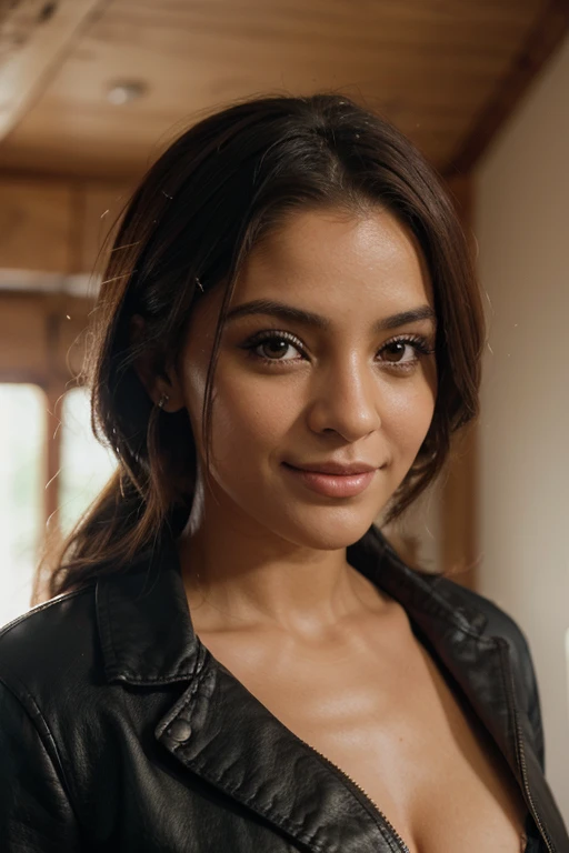 Fotografia de uma mulher muito bonita, com longos cabelos ondulados, pele castanha clara, olhos castanhos, corpo inteiro, vestindo uma jaqueta de couro, face centrada, sorriso suave, Rosto detalhado, efeito cinema, Fundo da imagem barzinho, editado no Adobe Premiere, 8k. as realistic as possible