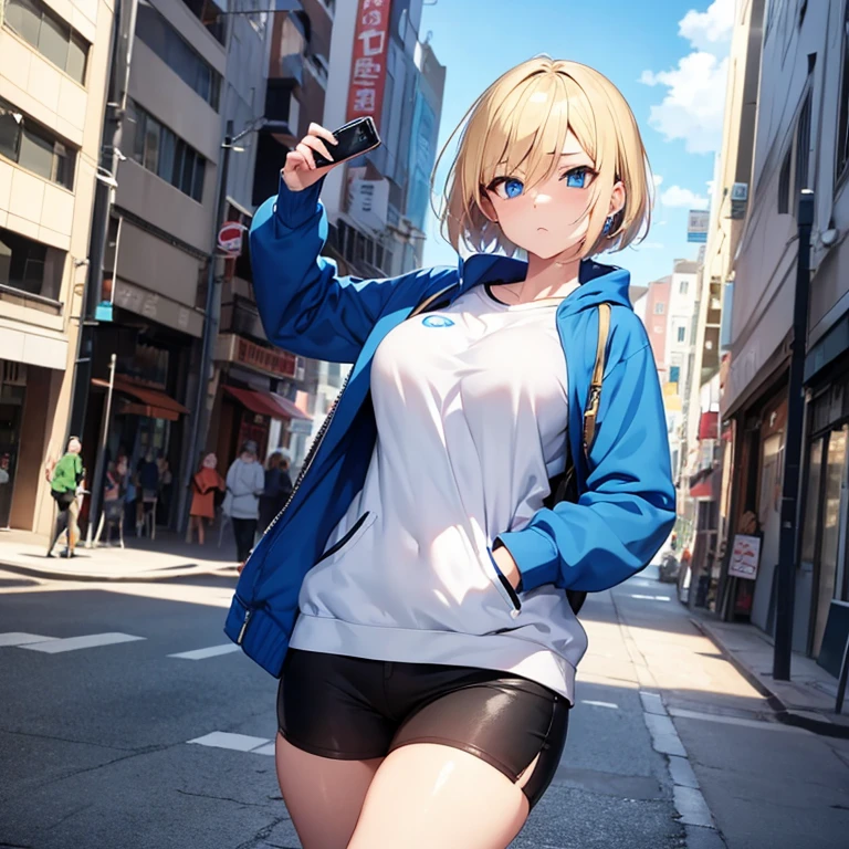2D Anime Style、Blue eyes、breasts are slightly larger、A cool adult woman with short blonde hair and a cool expression、Walking around town wearing an oversized hoodie that reaches to the knees like a dress........,