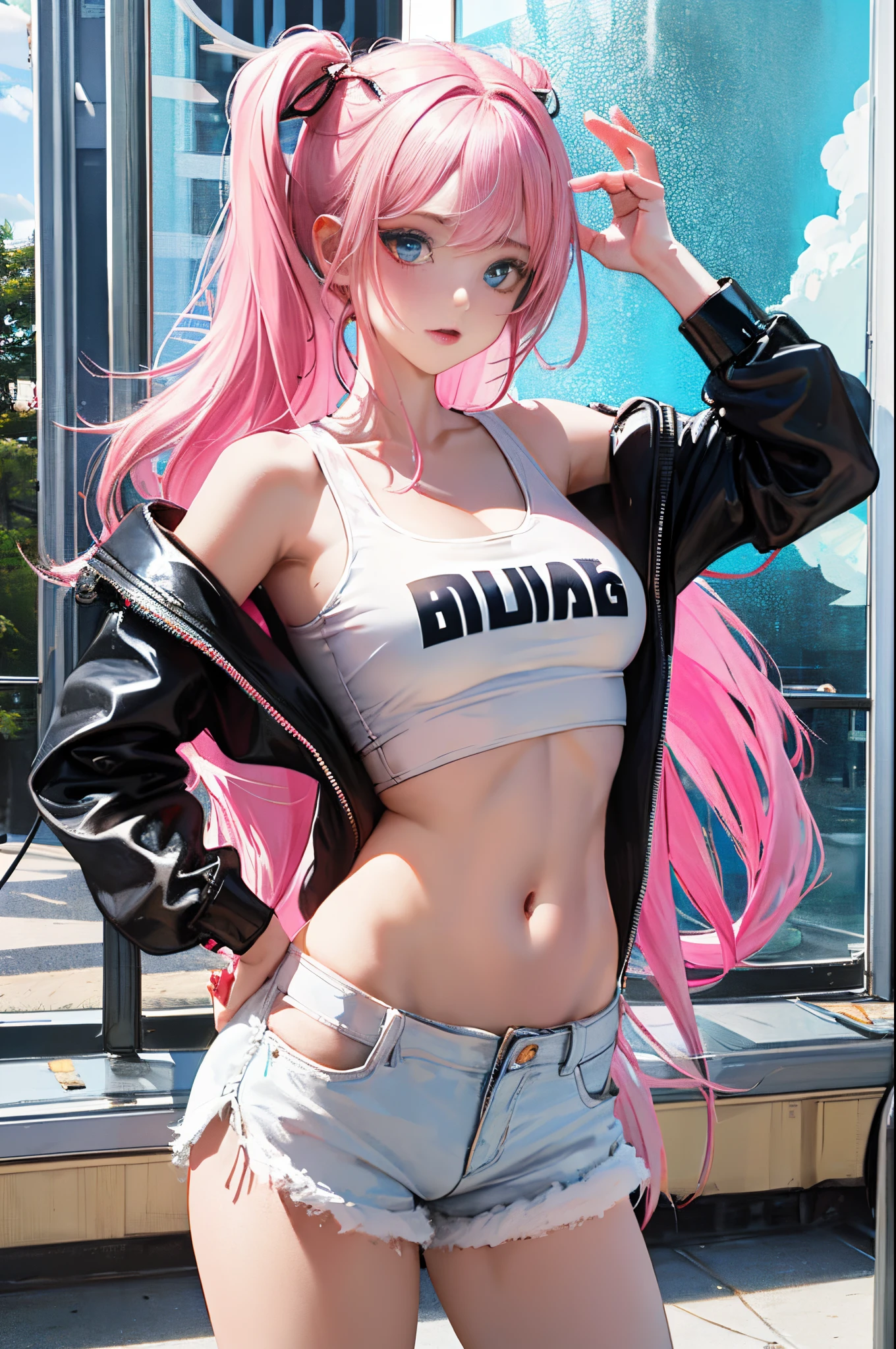 1girl in, Pink twin-tailed hair, blue eyess, a navel, Look at viewers, put hands on the hip, Black jacket, Dolphin Shorts, Rat trail section, (white  shirt:1.2),  Very long hair, Wide waist,Tank Tops、
Big\(BodyProportions\),