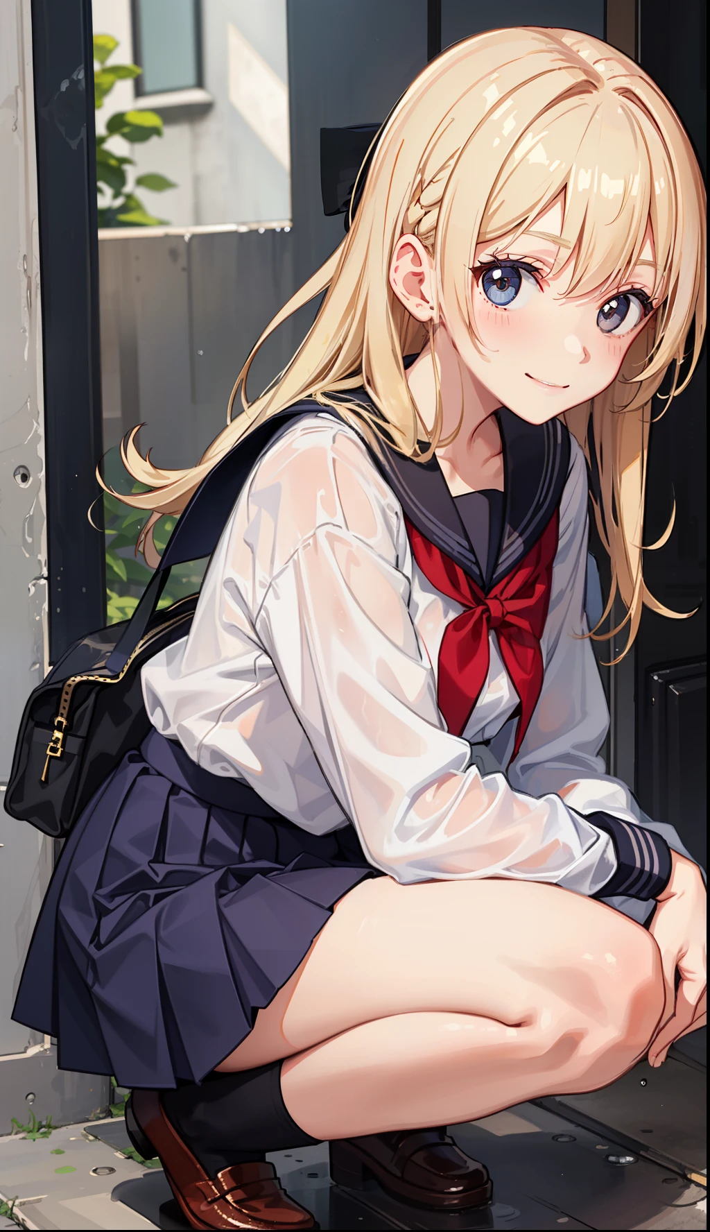 1girl in、A smile、The shirt、skirt by the、（small tits）Chilarism、Japan High School Student Uniform、serafuku、summer clothing、Squall Drenched Uniform、（Sheer Bra）、Upper body portrait、blonde  hair、Squatting panchira、