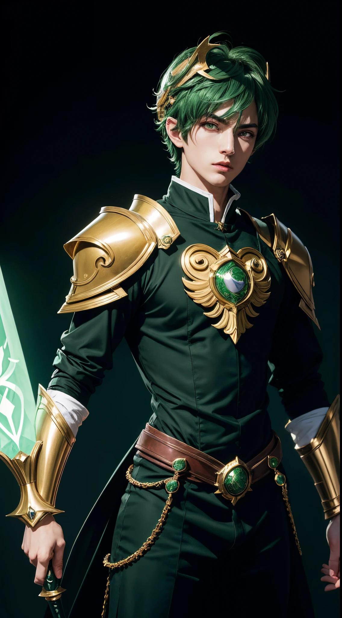 (absurdres, highres, ultra detailed, HDR), masterpiece, best quality, "magic knight rayearth" Character handsome boy in dark outfit short hair wearing detailed headgear green hair