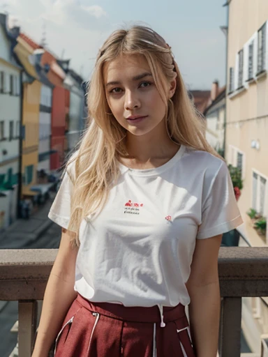 Dziewczyna o blond włosach pływająca nad ulicą miasta. Tak naprawdę lata, ale jej ruchy przypominają pływanie stylem klasycznym. Jest ubrana w t-shirt i szorty. Jest szczęśliwa, zaciekawiona tym, co widzi. Dookoła latają balony. Wzdłuż ulicy stoją budynki handlowe i mieszkalne.