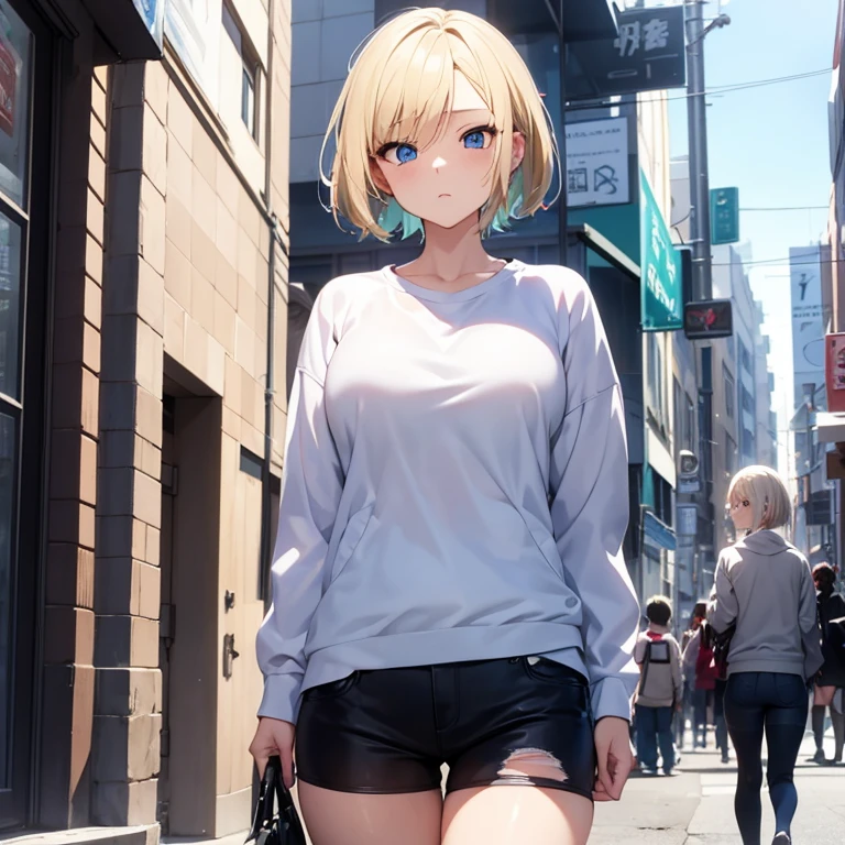 2D Anime Style、Blue eyes、breasts are slightly larger、A cool adult woman with short blonde hair and a troubled expression.............、wearing a sweatshirt setup,Hold your smartphone in your left hand,My right hand is in my pocket,Walking around the city alone,