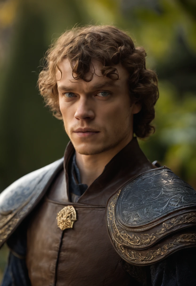 A photo of Theon standing in a courtyard, practicing his swordsmanship with a determined look on his face.,Game of Thrones TV series,Theon has curly brown hair and a very short neatly trimmed beard, stormy blue eyes, and wears black with gold accents. Famously portrayed by Alfie Allen
