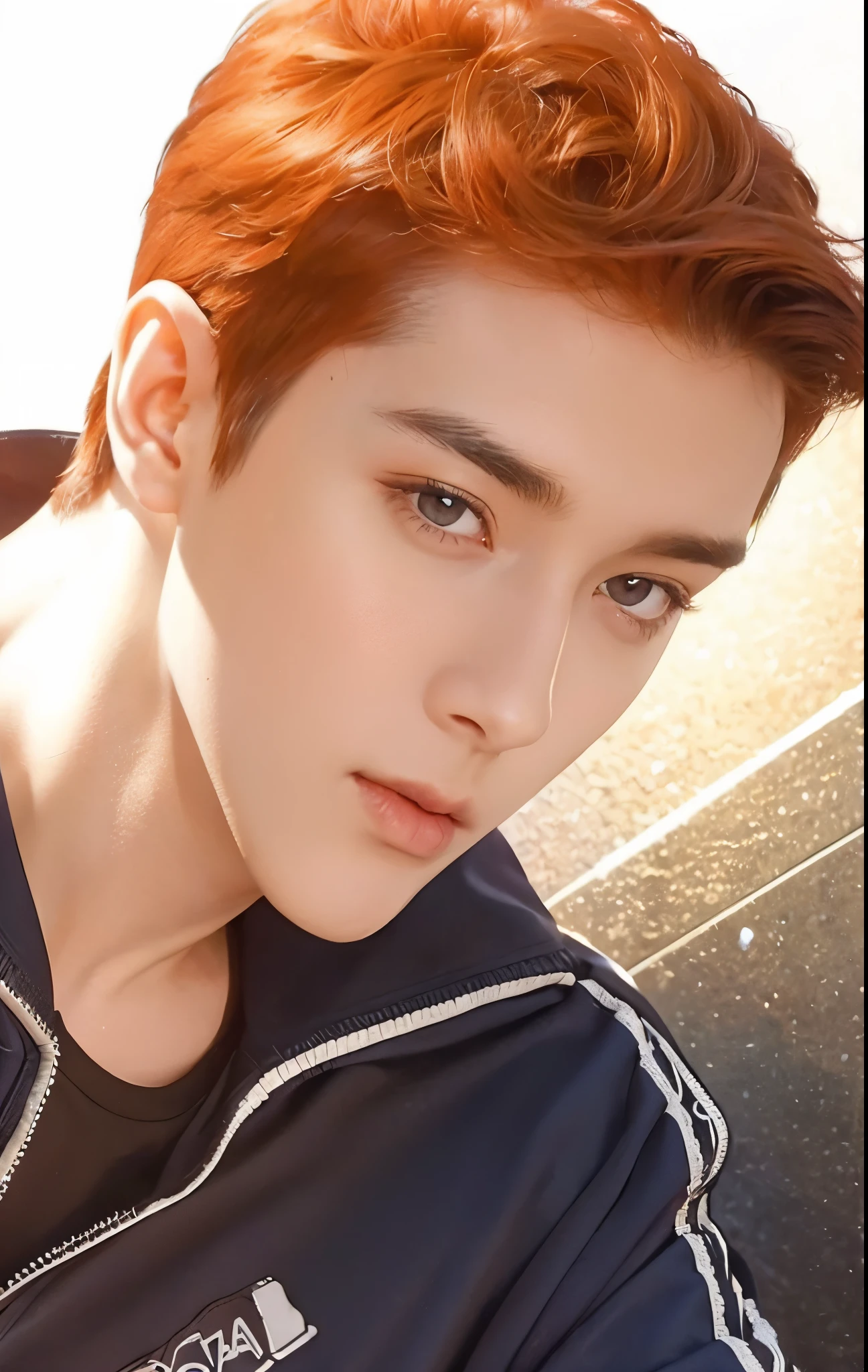 man with realistic short thick red hair, exactly the same hairstyle, realistic beautiful face, realistic expression serious face, adapt the same clothes, realistic black t-shirt and blue jacket, Realistic light, realistic shadows, Realistic ultra high resolution background.photo-realistic:1.4,UHD. Realistic,High resolution without, Masterpiece, Best Quality, Ultra-detailed, better shadow, voluminous lighting), Super High Quality, High Resolution, 8K, Hyper-realistic portrait , photorealestic, dinamic lighting, voluminous lighting, Very Detailed Faces, brown eye, Realistic eyes, Brown eyes, smooth face, realistic face, ogle, brown eye color
