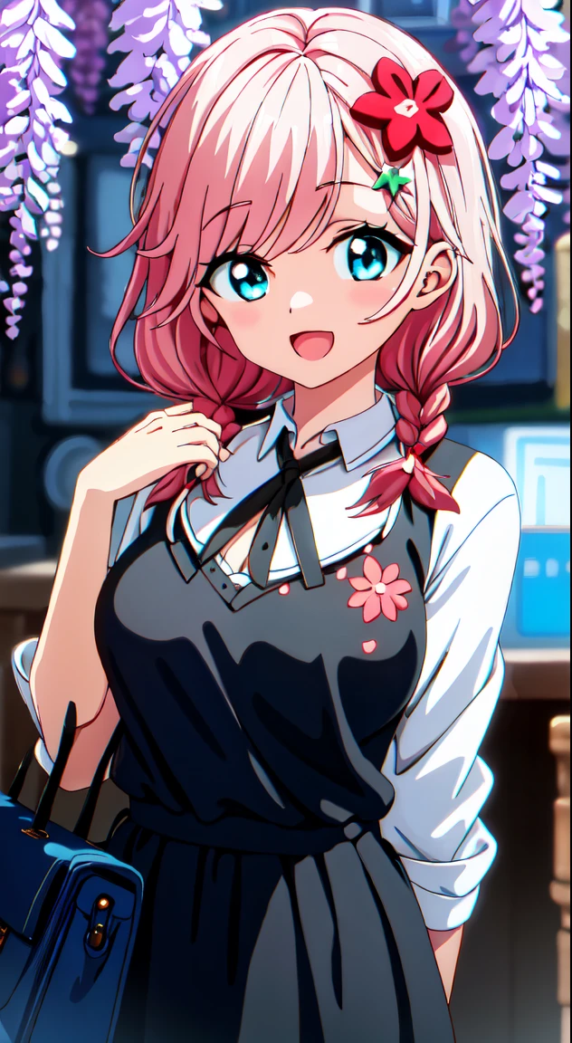 Japan Anime Styles 2019,Masterpieces,Best Quality,Ultimate detailed illustration,Red tone illustration, BREAK, , ( girl), Beauty 1 person,Solo,(Cute:1.5),(Chibi:0.6),(kawaii:1.5),(Lori:0.5),BREAK,(17 years olddetailed,colourfull,highest details,Clear skin,Beautiful skin,Shy,Very detailed,colourfull,highest details,BREAK,Clear skin,Beautiful skin,Shy skin,1 beautiful girl,{Heterochromia,pale blue eyes,pale green eyes,PUPILS SPARKLING:1.5},star eye silhouette,BREAK,(Pink hair, Medium length:1.4),(Twin braids,A little curly hair,Single-sided twisted blade,Princess Cut, wisteria hair, half updo, crossed bangs:1.3),(cleavage of the breast,Big breasts,Beautiful breasts,Large breasts:1.5),(long eyelashes, Double eyelids:1.2),Solo,gleaming skin, Clear skin, Beautiful skin,(best quality face),(Top quality glowing eyes), (The best smile,:D:1.45),
BREAK (Bartender attire,vests,neck tie,Pants) (very precise embroidery:1.3), (fluffy fur:1.3), (necklace made of countless gemstones:1.2), (high-heels:1.1),
BREAK
(Red flower ornament:1.2),
BREAK, (Holding the tray in your hand),鎖骨,Hair intake, Hand up, Navel, Parted lips, Solo, Stomach,architecture, (a bar counter,Bar Counter Table,display alcohol bottles)Backlighting,Waterfall,depth of fields, BREAK,(Blurry background:1.3),(absurderes, hight resolution, Super Detail Art),cel shading,Clear Color, Lonely optical effect, Beautiful pictures, Bright glow, mystic atmosphere,(Close-up of girl:1.1), Mystical light particle effect,manga influence, clean line drawings,