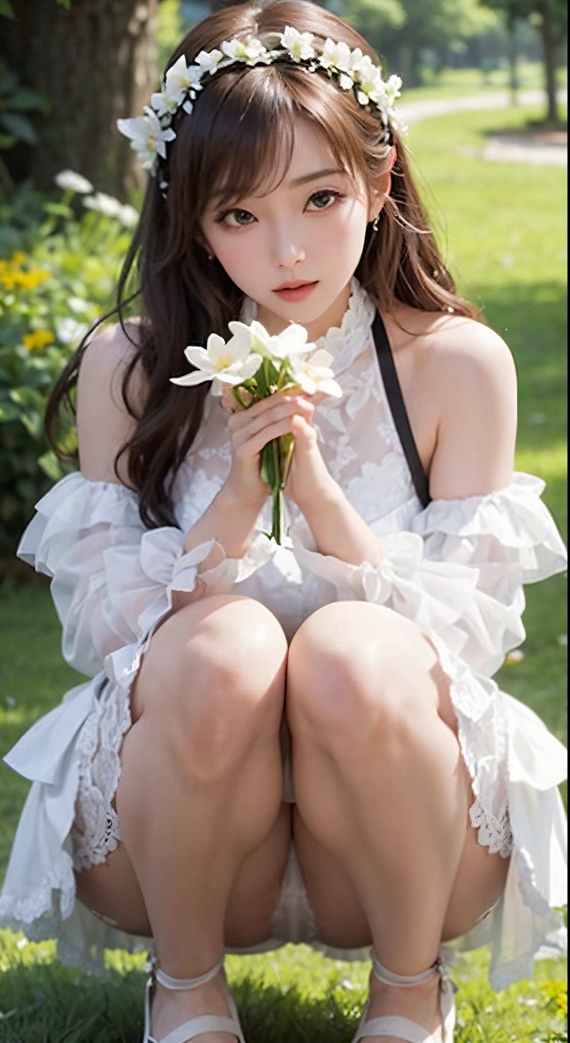 A MILF、Beautie、Suits、long skirt、Squatting、picking a flower、Triangle、secret triangle area、White lace panties are visible between her thighs、Cameltoe、Park in the background