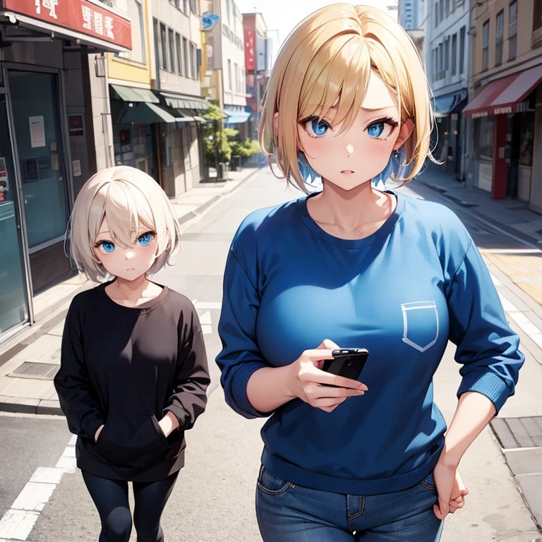 2D Anime Style、Blue eyes、breasts are slightly larger、A cool adult woman with short blonde hair and a troubled expression.............、wearing a sweatshirt setup,Hold your smartphone in your left hand,my right hand is in my pocket,Walking around the city alone,