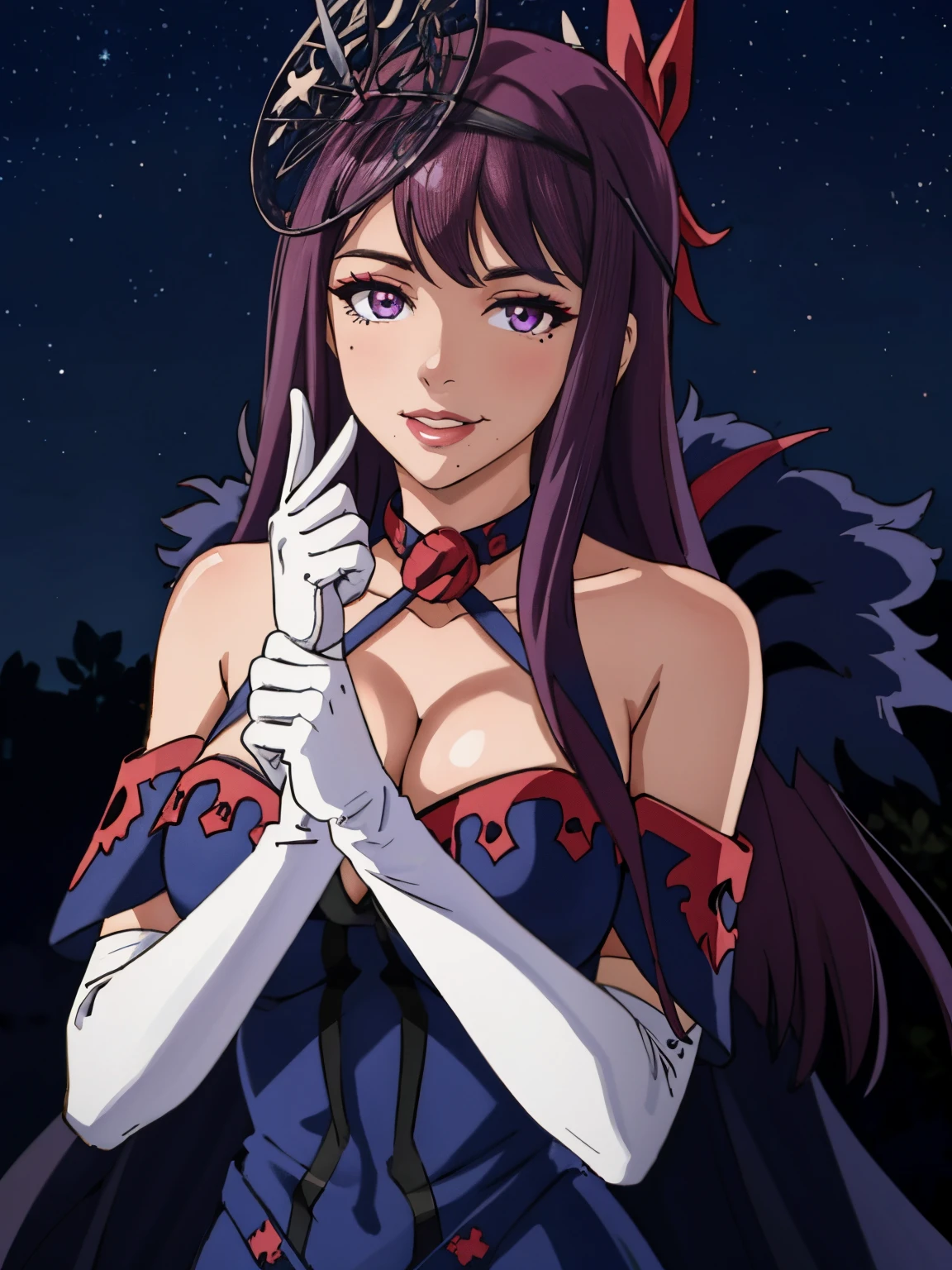 ivy fe, 1girl, solo, breasts, looking at viewer, warm smile, night sky background, gloves, dress, cleavage, bare shoulders, purple eyes, upper body, elbow gloves, white gloves, mole, lips, makeup, mask, mole under mouth, cowboy shot