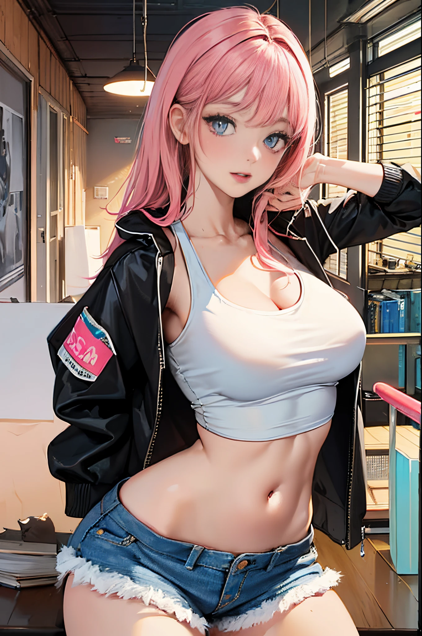1girl in, Pink twin-tailed hair, blue eyess, a navel, Look at viewers, put hands on the hip, Black jacket, Dolphin Shorts, Rat trail section, (white shirt:1.2), Very long hair, Wide waist,Tank Tops、
Big\(BodyProportions\),