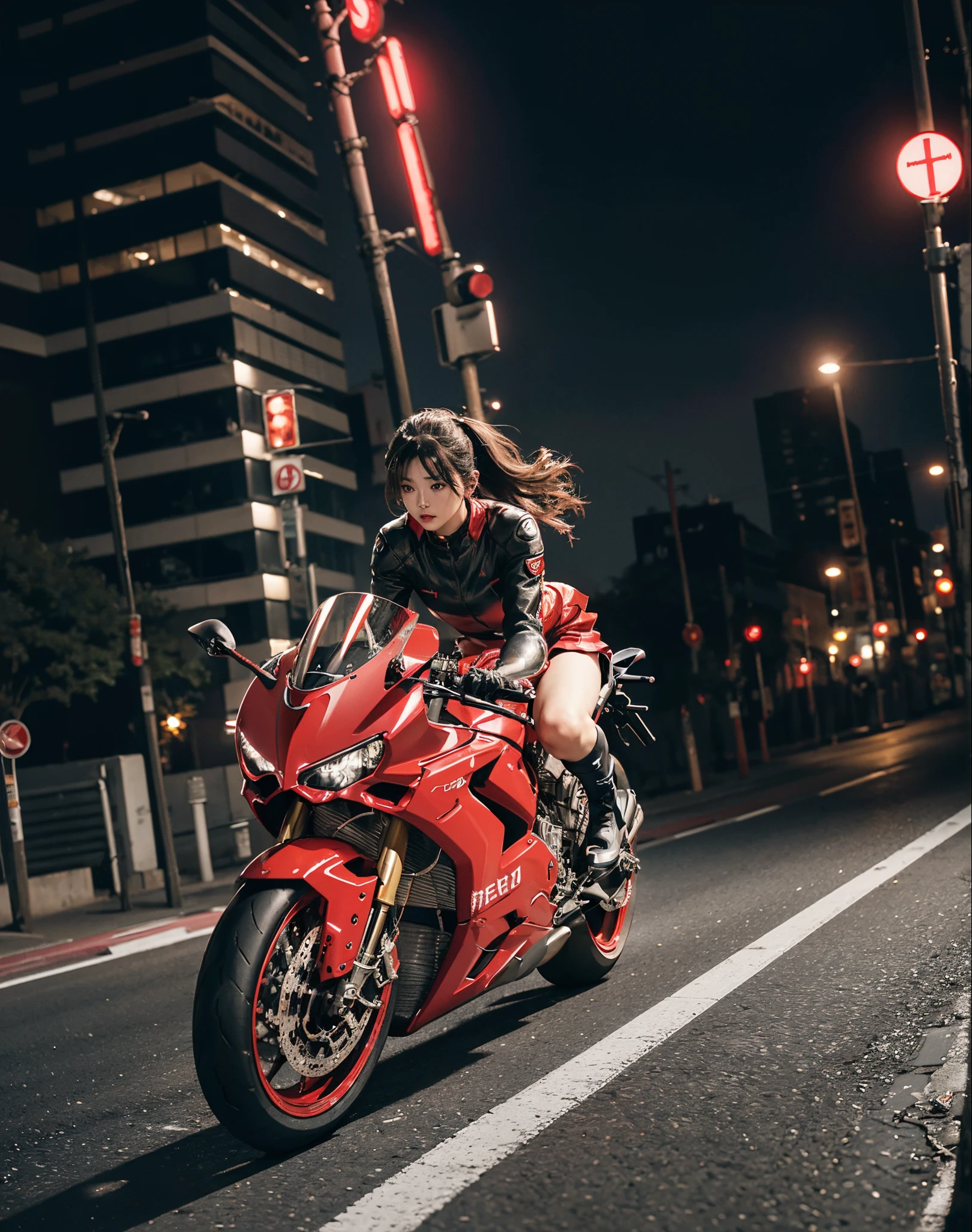 hight resolution、high-level image quality、in 8K、Real live-action、Raw photography、top-quality、masterpiece、masutepiece、(Soft Saturation:1)、(depth of fields:1.2)、(Ray traching:1.2)、Shot from diagonally below、(mid night:1.3)、optic、The background is a sci-fi future city at night........、Light traces、Flowing light、heavy wind、Big red motorcycle speeding through the city at night、Young woman in a red dress sitting on a big red motorcycle on a blurred background, Beautiful face、kawaii faces、(Red Skin Jacket:1.2)、(Red short skirt:1.3)、white knee highs、(Red boots:1.2、Draw the toes:1.2)、perfect hand、perfect foot、perfect ankles、Perfect toes、Perfect toes、Perfect Heel:1.3、((Grasp the controller with both hands:1.2))、Slouched、put one'Upper body, Lower body:1.2、Sitting on the Ducati Panigale V4,Riding the Ducati Panigale V4, Sci-fi style bikes, Sci-fi style bikes, Ducati Panigale V4 Motorcycle Rider, How to ride the Ducati Panigale V4, (Draw left and right rearview mirrors:1.3)、headlights shine blue、picture of a female biker, motorbike,Motorcycle displacement: Ducati Panigale V4 Details、motion-blur、raise white smoke、