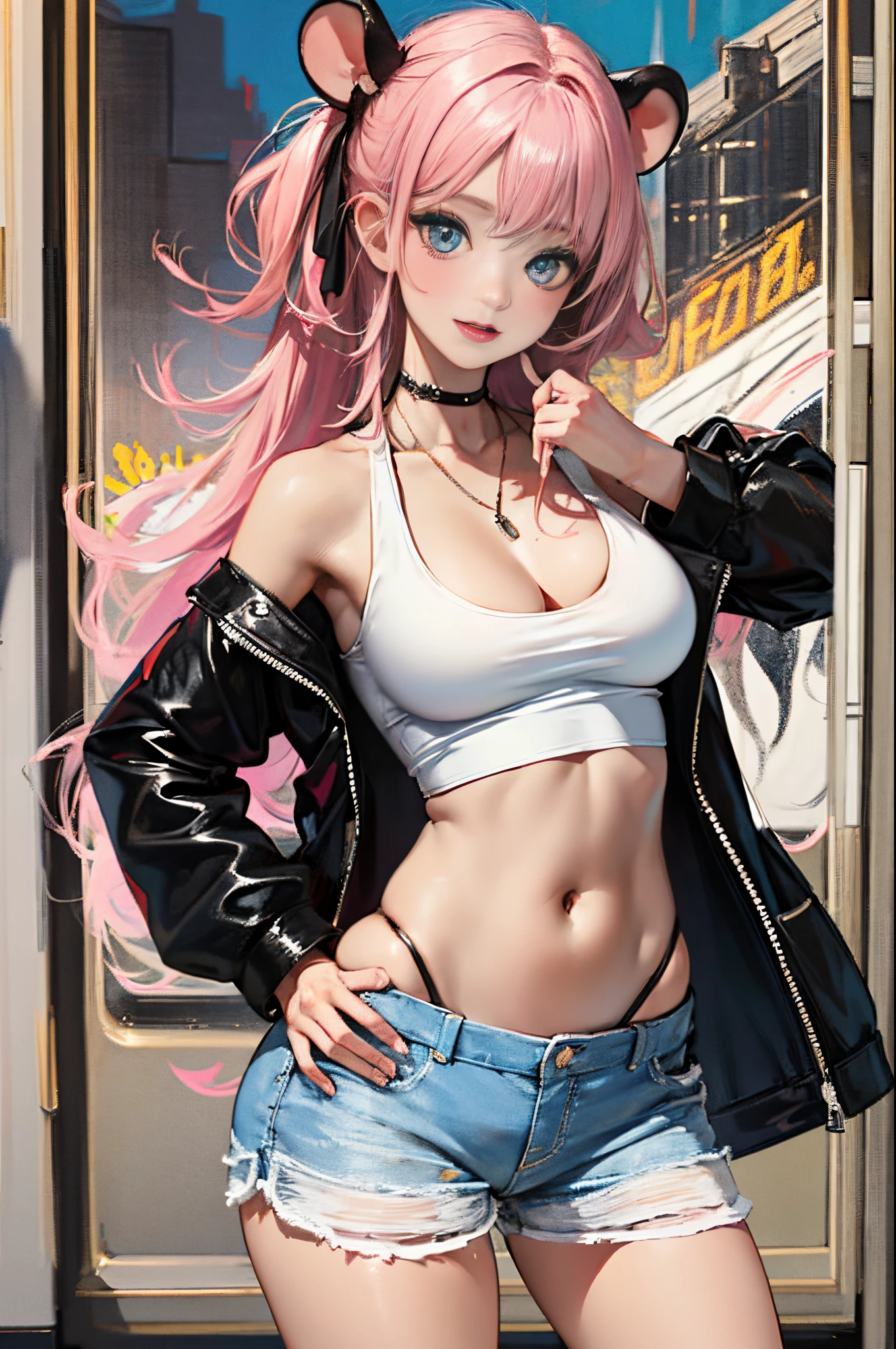 1girl in, Pink twin-tailed hair, blue eyess, a navel, Look at viewers, put hands on the hip, Black jacket, Dolphin Shorts, Rat trail section, (white  shirt:1.2),  Very long hair, Wide waist,Tank Tops、
Big\(BodyProportions\),