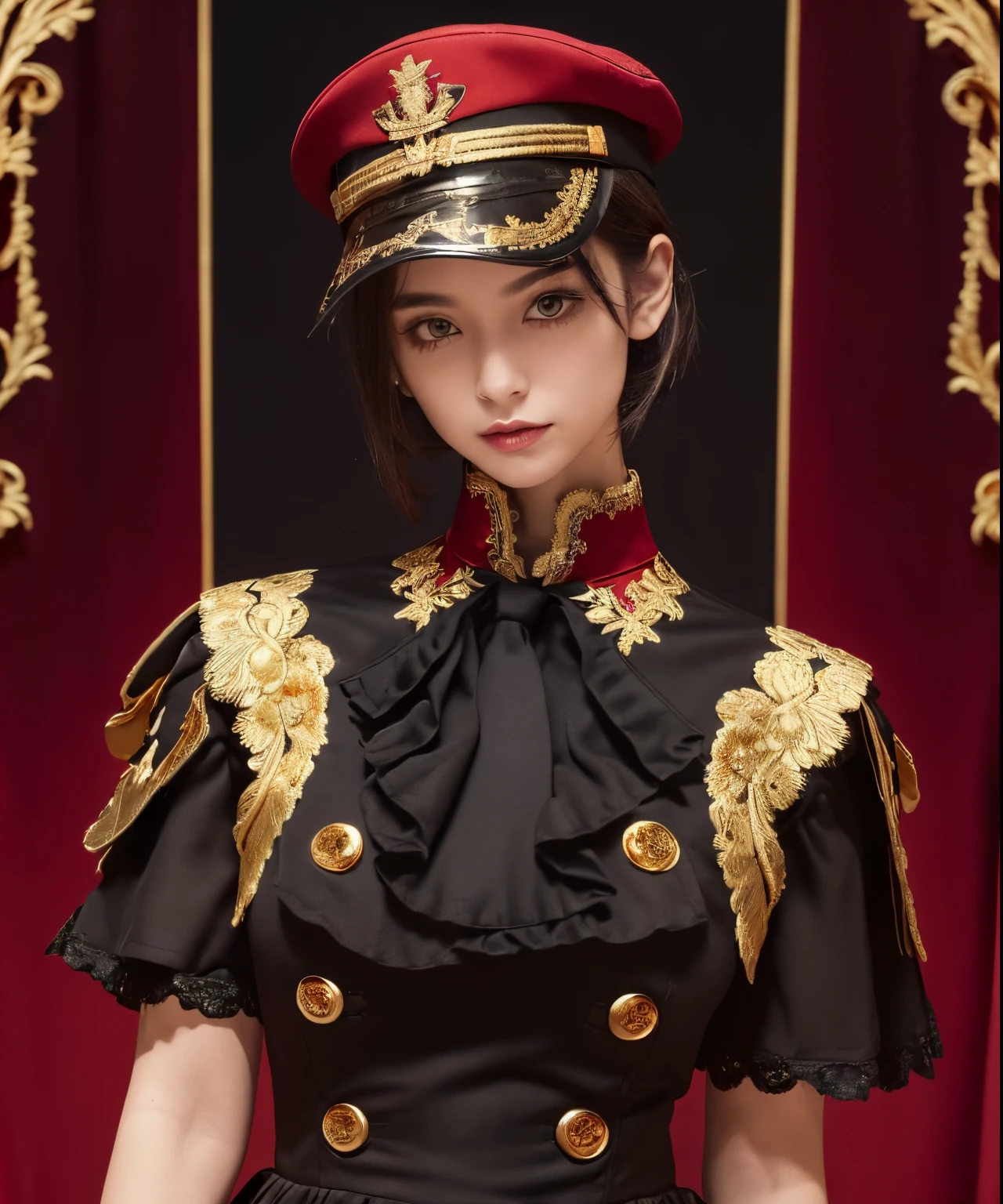 BREAK (black and gold theme:1.4), ((gothic lolita dress＜Quality Improvement Prompts＞
＜Character appearance、Background and other prompts＞
BREAK (black and gold theme:1.4), ((gothic lolita dress, black military officer uniform top):1.3), (black sundress with collar:1.4), (black multi-layered skirt with red ruffles:1.4), (black peaked cap:1.4), ((short sleeve, bishop-sleeve):1.3), ((gold epaulet, gold Aiguillette):1.3), (black gloves:1.3), (double-breasted on dress:1.3), ((Lace, exquisite gold embroidery):1.2), (dark brown pantyhose:1.3), (military boots with lace-up:1.1),
BREAK (red theme:1.2), (red tie:1.4), (red line on dress:1.2),
＜expressioness、illuminating、Other Prompts＞, black military officer uniform top):1.3), (black sundress with collar:1.4), (black multi-layered skirt with red ruffles:1.4), (black peaked cap:1.4), ((short sleeve, bishop-sleeve):1.3), ((gold epaulet, gold Aiguillette):1.3), (black gloves:1.3), (double-breasted on dress:1.3), ((Lace, exquisite gold embroidery):1.2), (dark brown pantyhose:1.3), (military boots with lace-up:1.1),
BREAK (red theme:1.2), (red tie:1.4), (red line on dress:1.2),