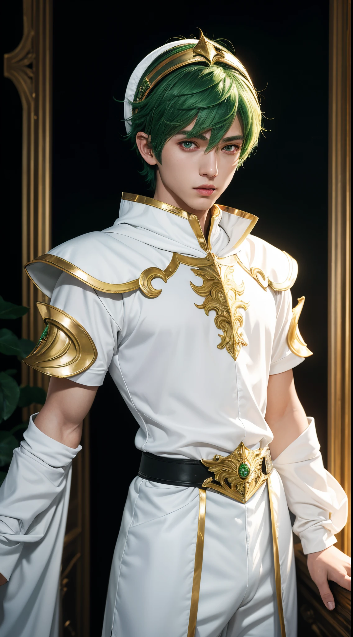 (absurdres, highres, ultra detailed, HDR), masterpiece, best quality, "magic knight rayearth" Character handsome boy in white outfit short hair wearing detailed headgear green hair