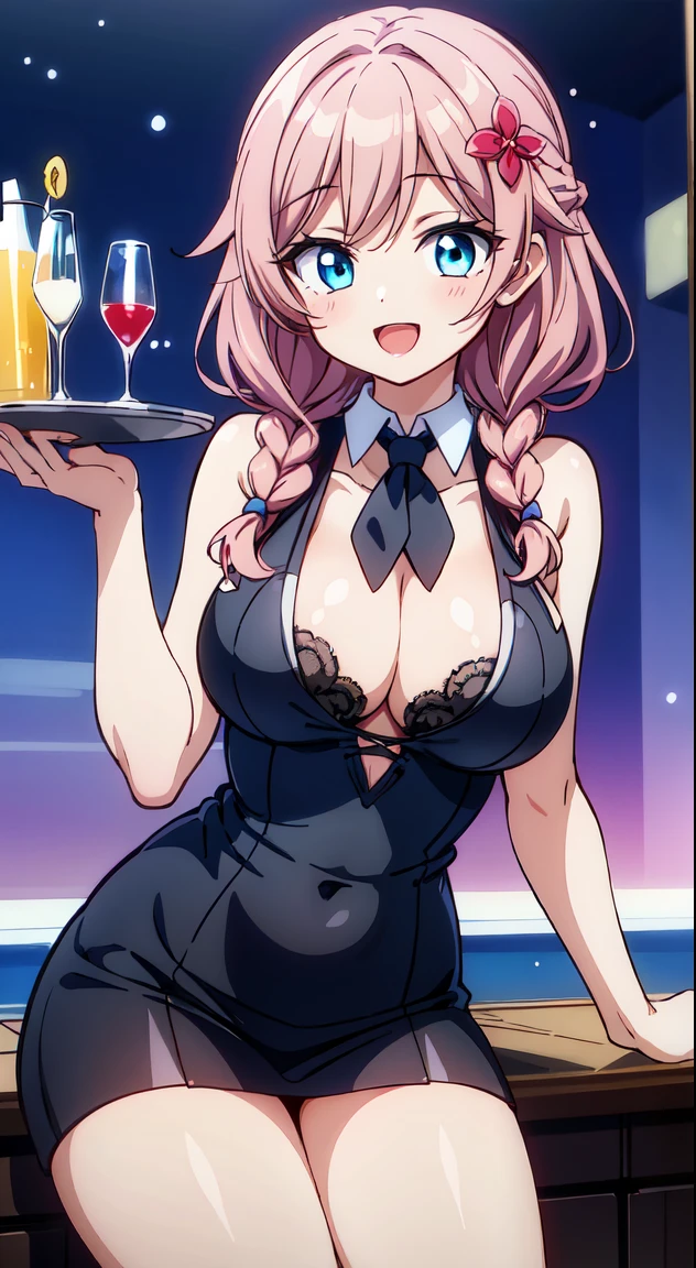 Japan Anime Styles 2019,Masterpieces,Best Quality,Ultimate detailed illustration,Red tone illustration, BREAK, , ( girl), Beauty 1 person,Solo,(Cute:1.5),(Chibi:0.6),(kawaii:1.5),(Lori:0.5),BREAK,(17 years olddetailed,colourfull,highest details,Clear skin,Beautiful skin,Shy,Very detailed,colourfull,highest details,BREAK,Clear skin,Beautiful skin,Shy skin,1 beautiful girl,{Heterochromia,pale blue eyes,pale green eyes,PUPILS SPARKLING:1.5},star eye silhouette,BREAK,(Pink hair, Medium length:1.4),(Twin braids,A little curly hair,Single-sided twisted blade,Princess Cut, wisteria hair, half updo, crossed bangs:1.3),(cleavage of the breast,Big breasts,Beautiful breasts,Large breasts:1.5),(long eyelashes, Double eyelids:1.2),Solo,gleaming skin, Clear skin, Beautiful skin,(best quality face),(Top quality glowing eyes), (The best smile,:D:1.45),
BREAK (Bartender attire,vests,neck tie,Pants) (very precise embroidery:1.3), (fluffy fur:1.3), (necklace made of countless gemstones:1.2), (high-heels:1.1),
BREAK
(Red flower ornament:1.2),
BREAK, (Holding the tray in your hand),鎖骨,Hair intake, Hand up, Navel, Parted lips, Solo, Stomach,architecture, (a bar counter,Bar Counter Table,display alcohol bottles)Backlighting,Waterfall,depth of fields, BREAK,(Blurry background:1.3),(absurderes, hight resolution, Super Detail Art),cel shading,Clear Color, Lonely optical effect, Beautiful pictures, Bright glow, mystic atmosphere,(Close-up of girl:1.1), Mystical light particle effect,manga influence, clean line drawings,