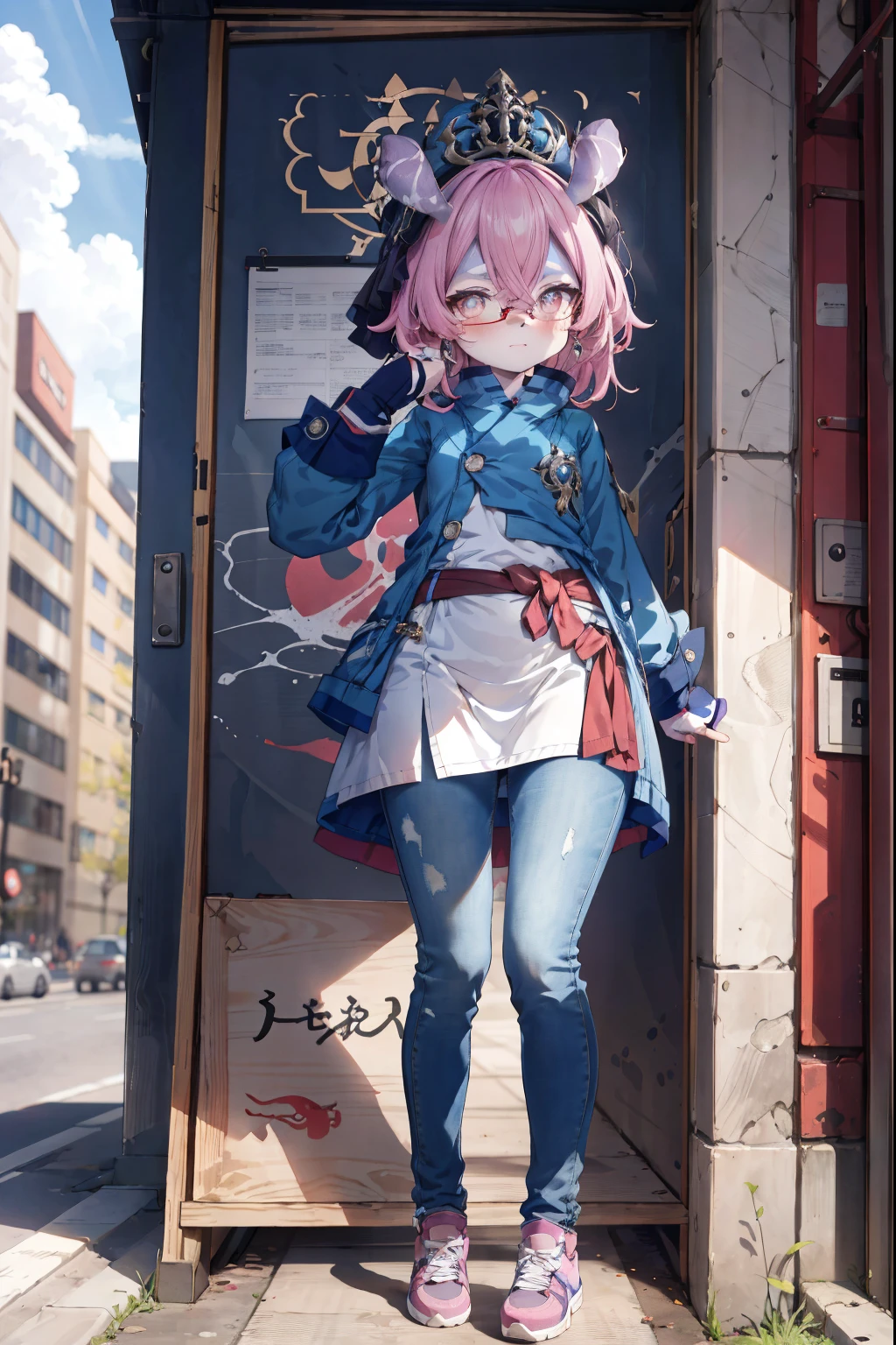 Melousine|genshin impact, masterpiece, bestquality,3 girl, Long Jeans, Wear glasses, long-haired, pink hair,unstable _Front,oily shiny skin,flat chest,nice leg line:1.3,thick thighs, thin-waist,, red_streaks_light_wrap_dress, white_platform_sneakers, woven_El_bag, straw_headgear, gold_hoop_earrings, jacket, long jeans city scenery,looking at the audience,From Top:1.2,dynamic angle