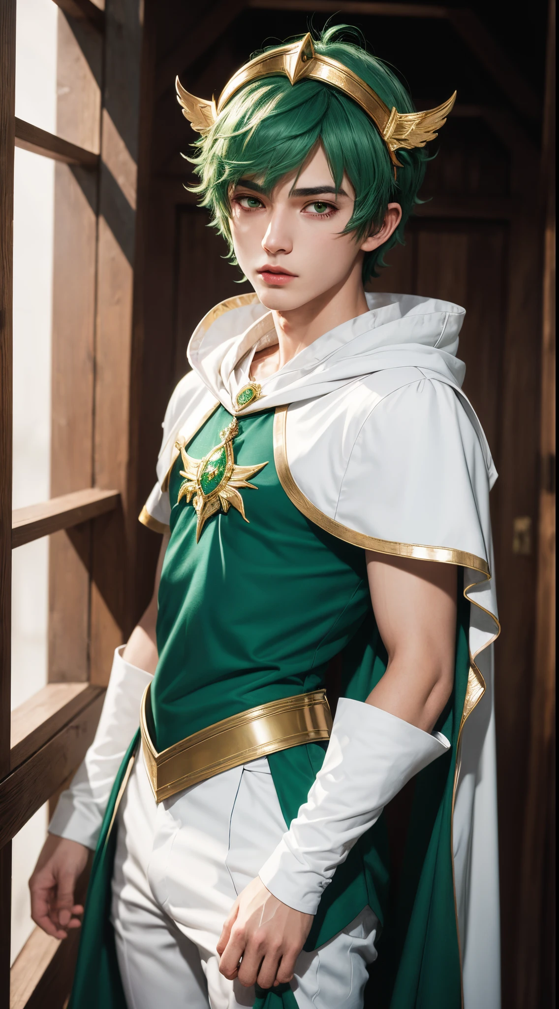 (absurdres, highres, ultra detailed, HDR), masterpiece, best quality, "magic knight rayearth" Character handsome boy in white outfit short hair wearing detailed headgear green hair