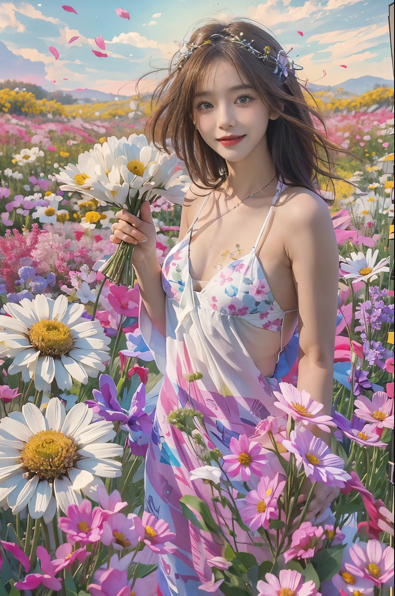 ((((8k))),((Extremely detailed CG)) ,(wallpaper),16k,((Very sophisticated and beautiful)),(((masterpiece))),(((highest quality))),(((Ultra-high resolution))),Mysterious natural light,(Realistic scenery:1.4),Single-lens reflex camera,break, ((1 girl)),24-year-old Japan beauty,(Sensual look:1.2),(Gradient brown hair,Shiny Hair,Innovative hairstyle:1.2),light makeup,Simple and natural makeup,double eyelid,Beautiful Eyes,Beautiful Eyes,Soft white skin that shines in every detail,Pale skin,Golden Ratio Face,Very well-shaped face,Detailed information,Lips Detail,Glossy, beautiful lips,Glossy lips,break,(8 heads,Perfect figure),(Beautiful back,Beautiful C Cup Breasts),(Strapless nightgown made of flower petals,Visible butt:1.3),(Mr.々Colorful flowers,Fully decorated:1.3),(Long legs,Tight big ass:1.3),break,((Lobelia flower field,Flowers in full bloom,Pasture)),Lying on your back,Photograph the whole body,Shot from above