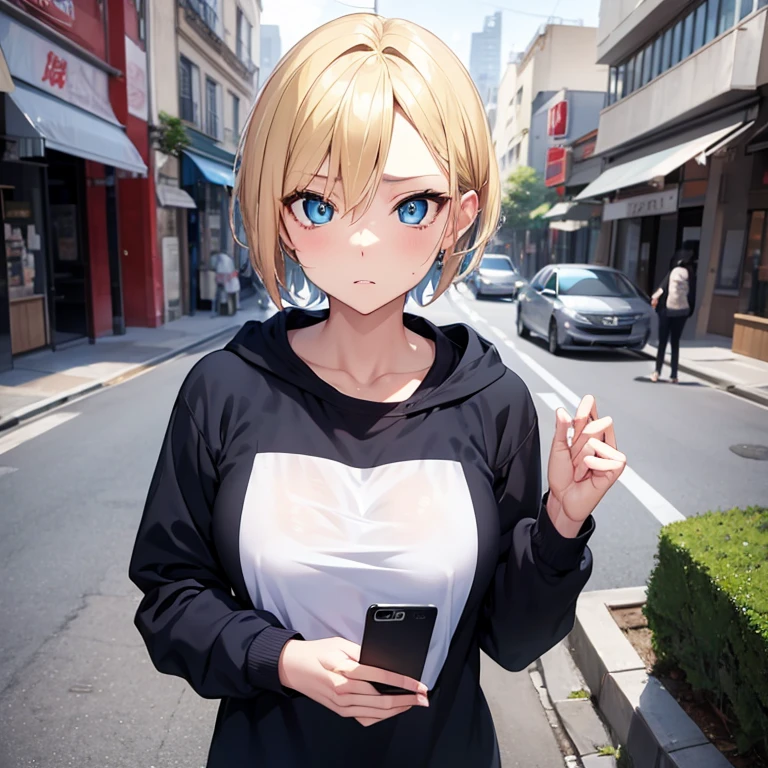 2D Anime Style、Blue eyes、breasts are slightly larger、A cool adult woman with short blonde hair and a troubled expression.............、Wearing a sweatshirt,Hold your smartphone in your left hand,Right hand clenched fist,Walking around the city alone,