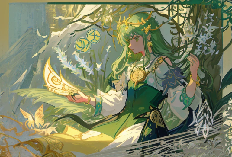 tmasterpiece、topquality、Alphonse Mucha、Jugendstil、 (Tarot card style:1.3)、Unique Tarot Card Structure, including floral and green elements、looking at the viewers、 In the middle of a green garden、Enjoy the sunshine, which illuminates flowering plants and ancient tarot symbols.、Dance with Unearthly Creatures。 roses、lily、Cherry trees、calamus、leaves、moss、vine、Elegant dresses, Inspired by nature、Necklace with flowers and leaves、耳环、circlet、A bracelet、hair ornaments、Butterflies、bird、bee、Tarot symbols, Reimagined with floral and green ornaments、godesses、Flower Garden、woods、Natural background, like a, For example, shore of the lake、Efficient use of light and shadow、 Realistic & Ультрареалистичный 3D、zentangle、A flock of birds