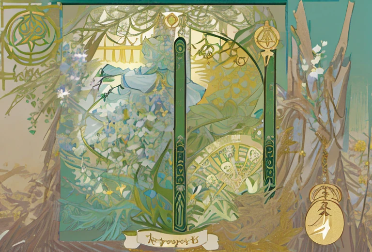 tmasterpiece、topquality、Alphonse Mucha、Jugendstil、 (Tarot card style:1.3)、Unique Tarot Card Structure, including floral and green elements、looking at the viewers、 In the middle of a green garden、Enjoy the sunshine, which illuminates flowering plants and ancient tarot symbols.、Dance with Unearthly Creatures。 roses、lily、Cherry trees、calamus、leaves、moss、vine、Elegant dresses, Inspired by nature、Necklace with flowers and leaves、耳环、circlet、A bracelet、hair ornaments、Butterflies、bird、bee、Tarot symbols, Reimagined with floral and green ornaments、godesses、Flower Garden、woods、Natural background, like a, For example, shore of the lake、Efficient use of light and shadow、 Realistic & Ультрареалистичный 3D、zentangle、A flock of birds