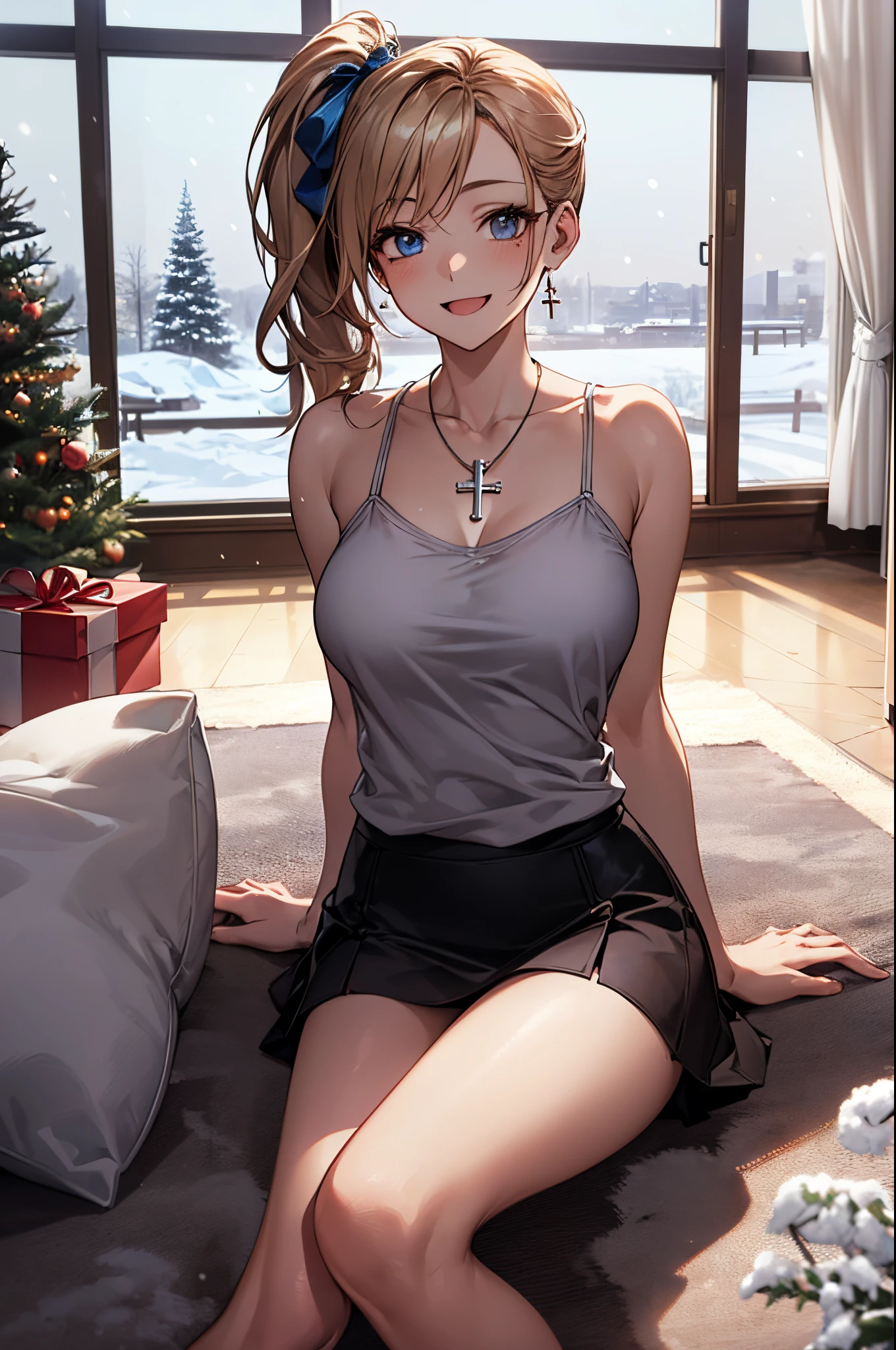 ((((perfect anatomy, super detailed skin)))), 1 girl, japanese, high school girl, shiny skin, large breasts:0.5, watching the view,
beautiful hair, beautiful face, beautiful detailed eyes, (long hair:1.7, side ponytail:1.5), blond hair, blue eyes,
beautiful clavicle, beautiful body, beautiful chest, beautiful thigh, beautiful legs, babyface, mole under eye,
((camisole, mini skirt), cross necklace), seductive thighs, ,
((smile:1.5, open your mouth wide)), ,
(beautiful scenery), modern architecture, living room, carpet, sitting floor, window, winter, night, christmas, (christmas tree), snow, snowfall:1.5, freezing weather, frost,
(8k, top-quality, masterpiece:1.2, extremely detailed), (photorealistic), beautiful illustration, cinematic lighting, (thigh focus, from below, view from forward:1.3),