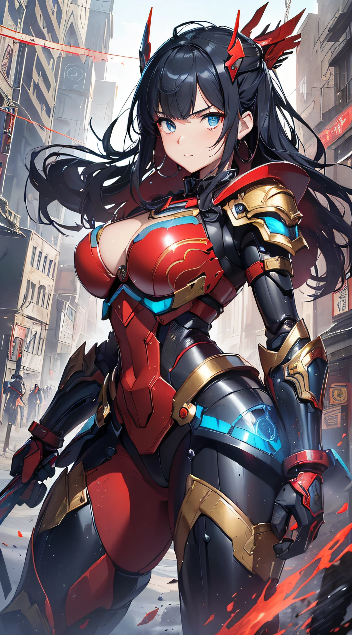 top-quality、Top image quality、​masterpiece、girl with((red and black mechanical body armor、blue mechanic arm、white leg arms、Shining gold body line、、teen ager、cute lit Bust、big bast,Beautiful light blue eyes、Breasts wide open, Black hair semi-long、A slender,Large valleys、belligerent movements,glowing whip、Warlike face、fighting poses、red glowing shield、Japanese sword shining red、Bruised body、Red muffler)),hiquality、Beautiful Art、Background with((Mechanical City、TOKYOcty)))、Depth((Black Giant Robot)),masutepiece、depth of fields,Cinematic style