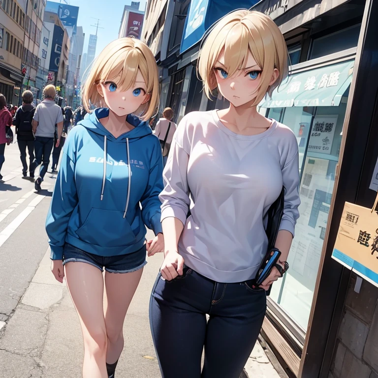 2D Anime Style、Blue eyes、breasts are slightly larger、Cool adult woman with short blonde hair and angry expression.............、Wearing a sweatshirt,Hold your smartphone in your left hand,Right hand clenched fist,Walking around the city alone,