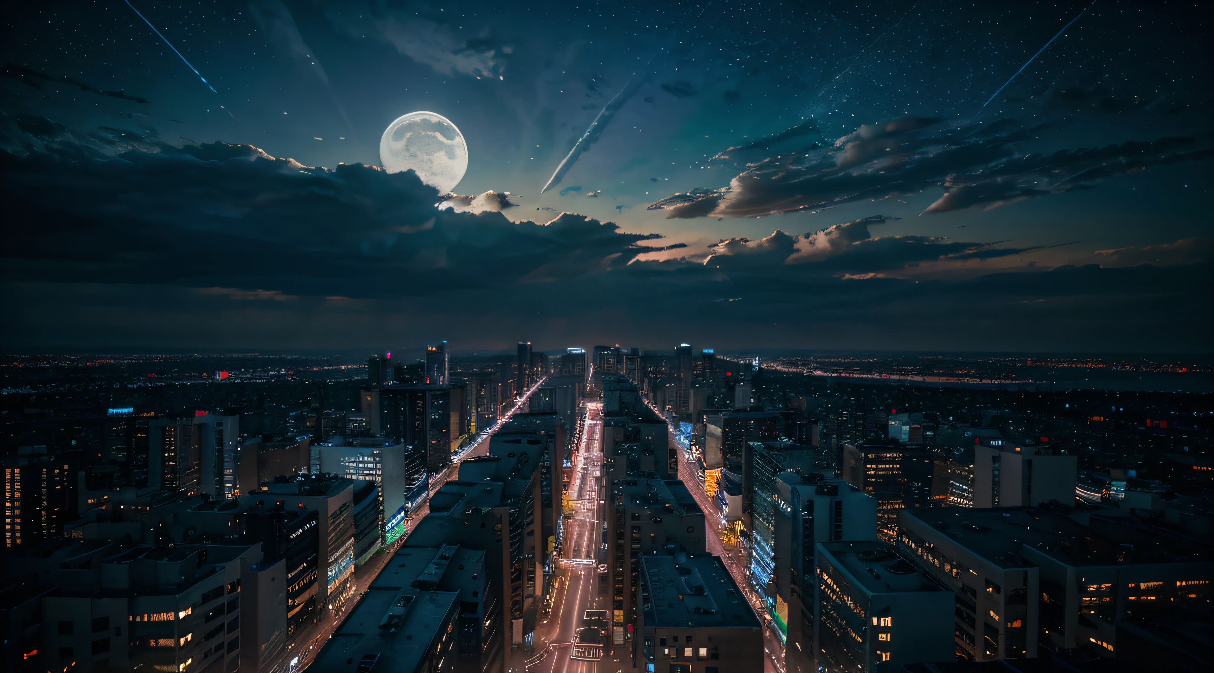 cyber city wallpaper, view from a top of a building, neon lights, beautiful night sky, at night, clear sky with some clouds and stars and the moon, so relaxing view, cinematic, ultra high quality, extremely detailed, hyper realistic, hyper vehicles on the road, busy city, people on the city, cinematic, epic photography.