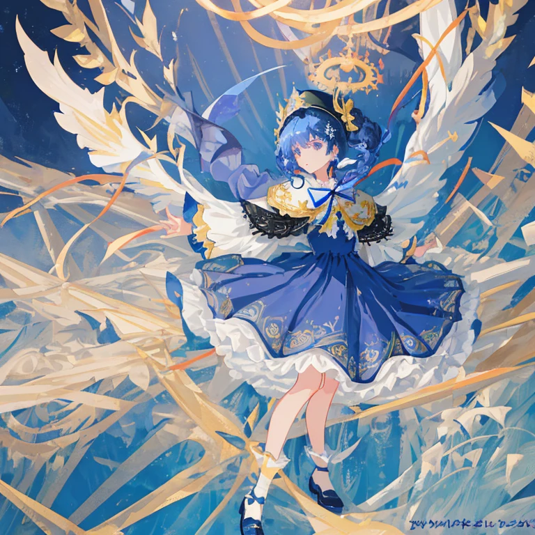 (Masterpiece, Best Quality, illustartion), 1 little girl, facial focus, long blue hair, half updo, expressionless face, The vibrant, (long dark blue lolita dress), (ribbon decoration on dress), cappo hat, full - body, (Fighting movement pose), cornflower on the hood, loli, (capelet), (intricate ornamentation), (magical girl), (Magical girl costume), Detail, (Magic effect: 1.3), (flowy dress: 1.2), Dynamic Angle