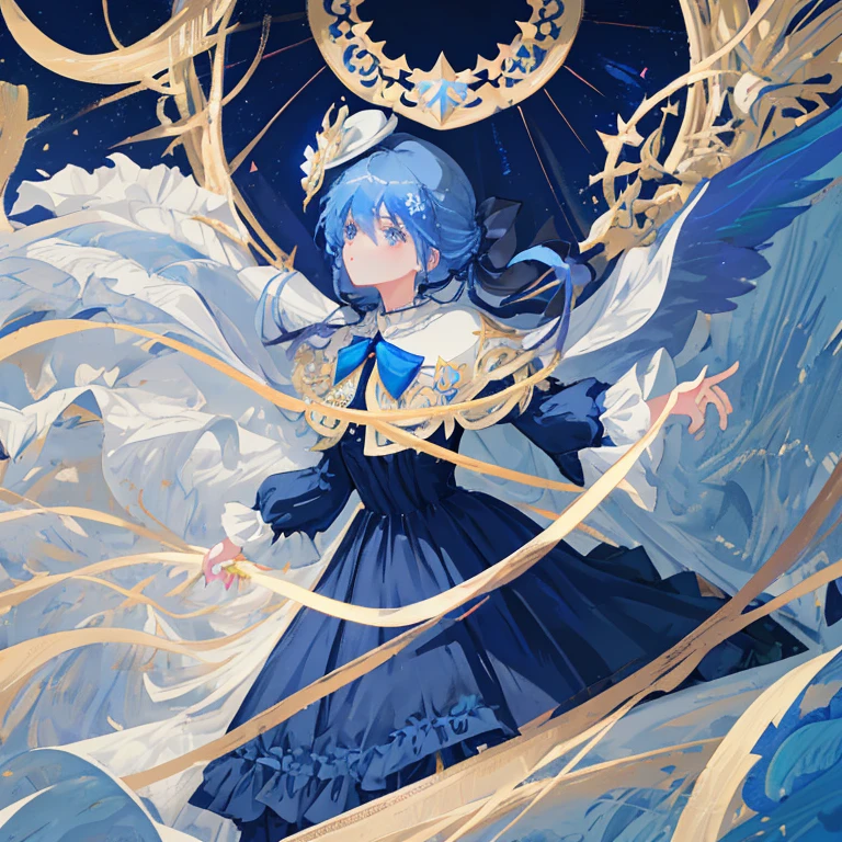 (Masterpiece, Best Quality, illustartion), 1 , facial focus, long blue hair, half updo, expressionless face, The vibrant, (long dark blue lolita dress), (ribbon decoration on dress), cappo hat, full - body, (Fighting movement pose), cornflower on the hood, loli, (capelet), (intricate ornamentation), (magical girl), (Magical girl costume), Detail, (Magic effect: 1.3), (flowy dress: 1.2), Dynamic Angle