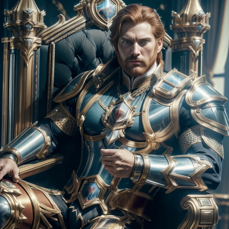 masterpiece, MOVIE POSTER, best quality, high resolution,(1man, solo, male) ((HALF BODY POSE)) (DETAILED EYES) (HANDSOME MUSCULAR MEN) ((CRYSTALINE)) (NEOTECH) ((((((WEARING NOBLE ARMOR))))) (TIGHT PANTS) (LUXURY CLOTHES)) ((BIG BULGE )) ((GINGER RED HAIR)) ((BLUE EYES)) ((RED THEME COLOR)) ((ROYAL MECHANIC)) | A regal king seated on a majestic throne in LUXURY AIRCRAFT HANGAR OF KINGDOM WAR. Dressed in royal robes and adorned with a crown, the character exudes authority and nobility. The castle setting includes opulent furnishings and a sense of timeless grandeur. | (((GIANT MUSCULAR BODY))) (((MASSIVE GIANT BULGE))) showcasing their physique with (SEXY POSE) male focus ON  bulge, solo focus, muscular, male, a man, VOLUMETRIC LIGHTNING, DEEP OF FIELD, amazing composition, front view, HDR, volumetric lighting, ultra quality, elegant, highly detailed, PSD, Sharp Focus, High resolution 8K, realistic & Professional Photography, 8K UHD, Soft lighting, High quality, Film grain, FujifilmXT3,high-quality, ultra-detailed illustrations, ultra-high resolution, (high resolution, overwhelmingly pixel-perfect, luxurious illustration), (Ultra Quality, Masterpiece, Ethereal:1.4) photorealistic:.1.4, UHD (8k, RAW photo, best quality, masterpiece:1.2),(realistic, photo-realistic:1.37)