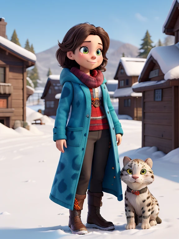 ((best quality)), ((Meisterwerk)), (Detailliert), Perfektes Gesicht,
Winter girl, long dark hair with a turquoise long coat with a hood. She has a snow leopard.
