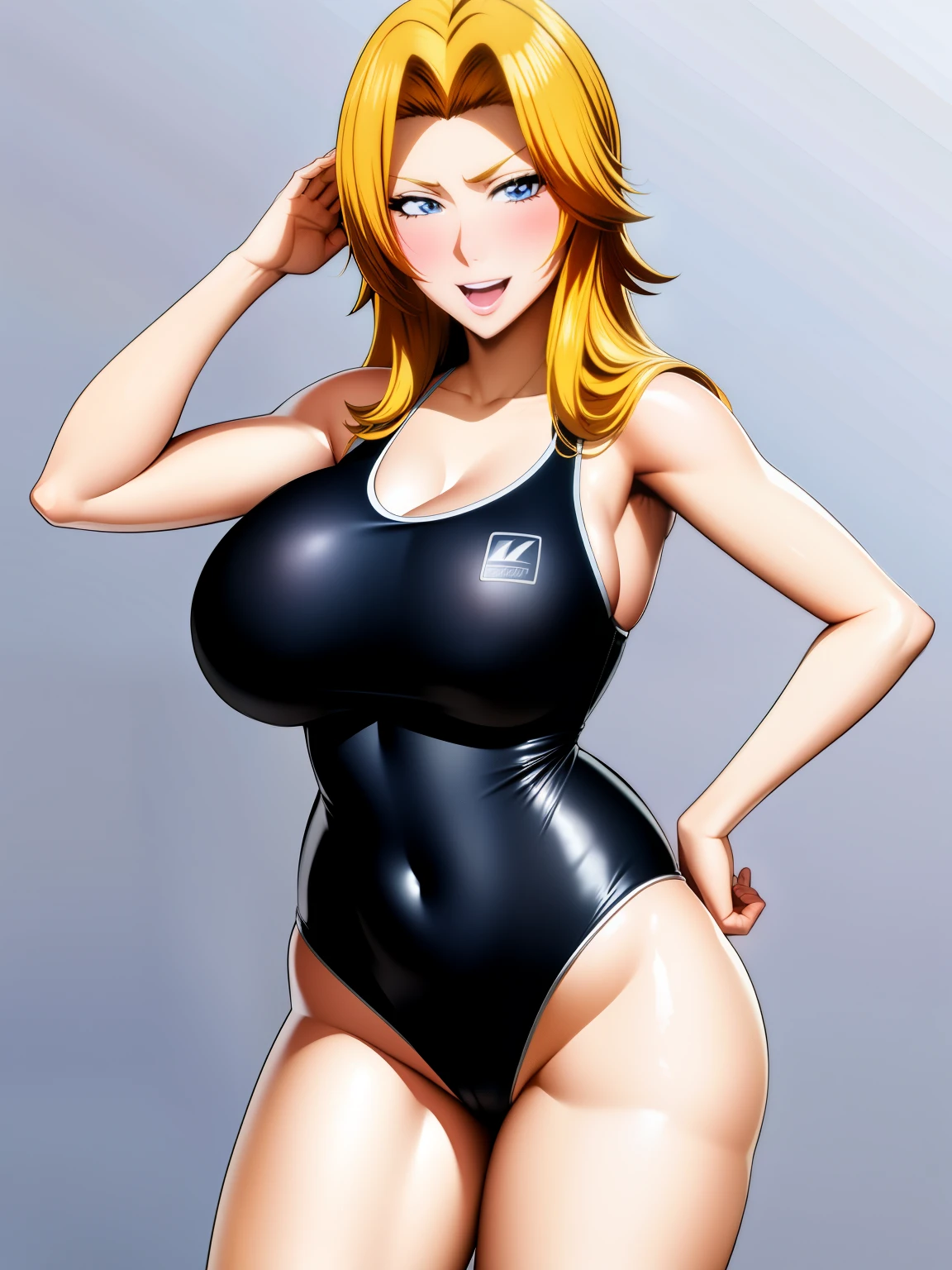 an anime girl、a matural female、beautiful a girl、solo、girl wearing a swimsuit、Short blonde girl、Semi-long hair、Medium hair、rating:safe、onepiece swimsuit、 Anime girl in a black and orange tank suit、Anime girl wearing a black and gold tank suit、 Black and orange high leg racing swimwear、Black and gold high-leg racing swimwear、huge tit、Woman with very large breasts、shiny、Blue-eyed girl、shiny_clothes、grey_background、girl with half up hair、open_mouth、shiny_skin、covered_navel、cowboy_shot、smile、thigh_gap、shiny_hair、Competitive swimsuit、High Leg Racing Swimwear、looking_at_viewer、;d、simple_background、collarbone、blush、Anime girl standing、earrings、The best girls in anime、artwork in the style of guweiz、Detailed Digital Anime Art、perfectly shaded body、realistic anime 3 d style、beautiful attractive anime girl、realistic anime art style、realistic shaded perfect body、