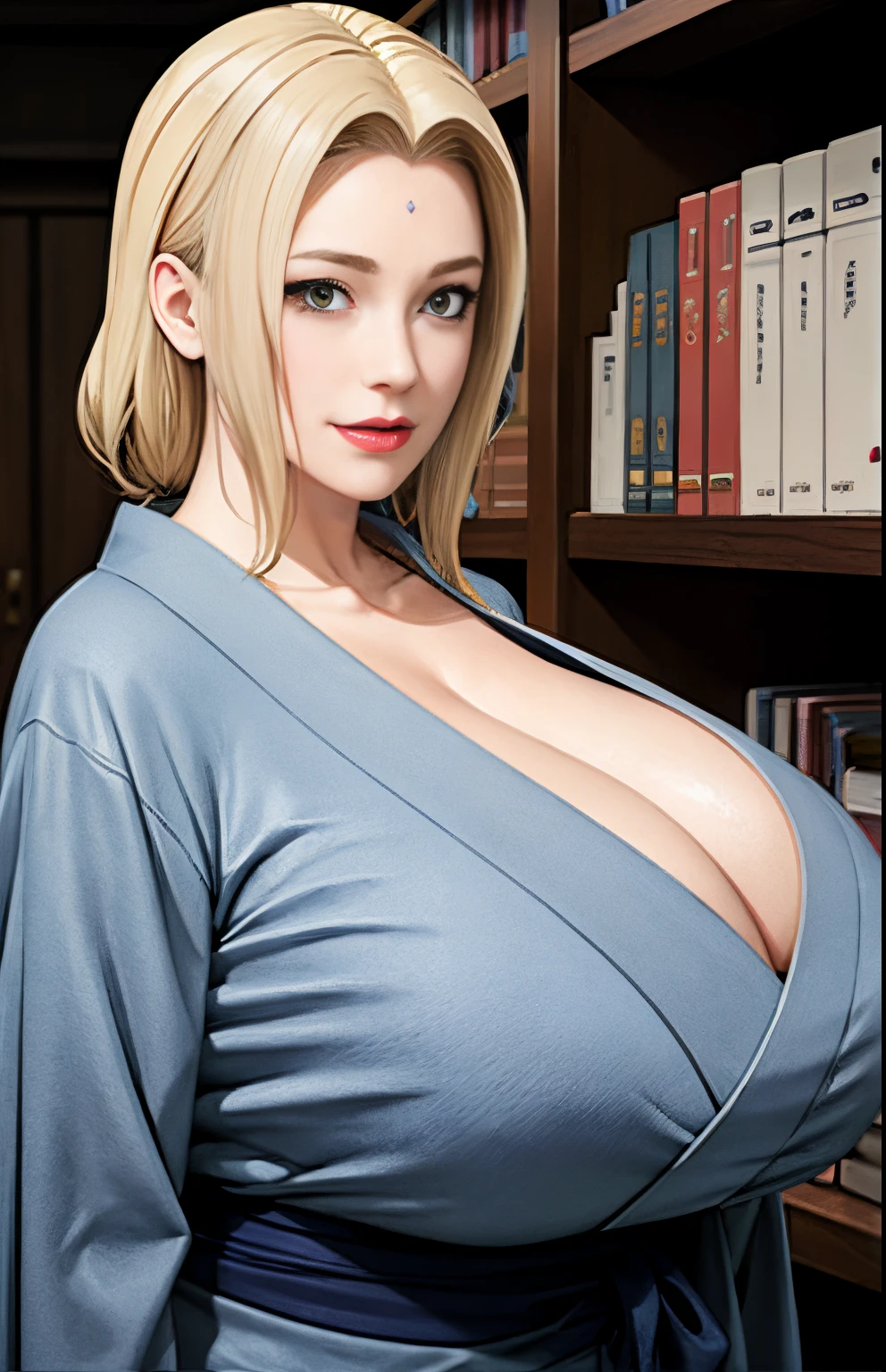 (huge tits), cleavage, good anatomy, masterpiece, best quality, 4k, 8k, professional photography, soft light, sharp focus, 1 girl,  blonde hair, kimono, (mountain), clouds, blonde hair, parted banks, detailed face+brown eyes, smile, closed lips, lipstick, bookshelves,