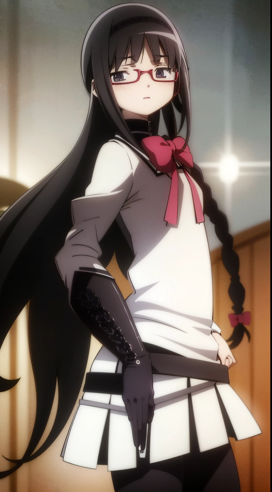 masterpiece, best quality, ultra-detailed, kawaii, cute, lovely, sexy, ero, extremely detailed, 4K, 8K, best quality, beautiful, anime style, homuraakemi, 1990s, Only the upper body and head can be seen, Fighting stance, very long hair, black hair, shiny hair, no facial features, flat_chest, choker, black_jacket, black_pants, animal_print, background Urban rooftop, reference sheet,