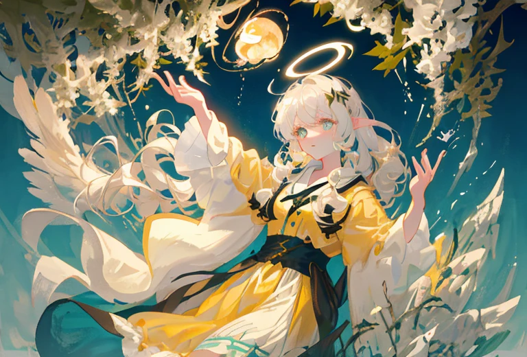white colored hair, Curly, eye shadow, in a bathrobe, waves his hands in the air, bubbles, the wind, luminous skin, blue skies, dark shadows, Shiny hair, Dark halo, glowing eyes, Detailed background, water:1.2, Flowers:1.2, Masterpiece, 8K, woods、Natural background, like a, For example, shore of the lake、Efficient use of light and shadow、 Realistic & ultra realisic, kindness, extremely detail, (Colorful:1.1), (Colorful Background1:1), (#30B3FF:1.5), (#FA52F4:1.1), Dance with Unearthly Creatures, Tarot symbols, bird、bee、 pale skinned man,Medium Hair, Druid, half-elf ,Dressed as a druid,illustartion,Realistic,Harmonious colours,natural lighting, Green clothes, white colored hair, curly hair