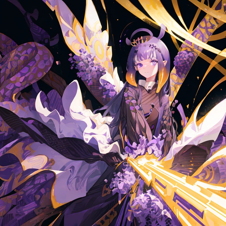 (Figures: Ninomae Ina&#39;NIS), {purple hair}, tentacle hair, violet eyes, golden tiara, {{Masterpiece}}, Best Quality, extremely detailed CG unity 8k wallpaper, Cinematic lighting, lens flare, beautiful detail eyes, side glance, colorful light, Particles, A girl, 独奏, extreme close up portrait,
