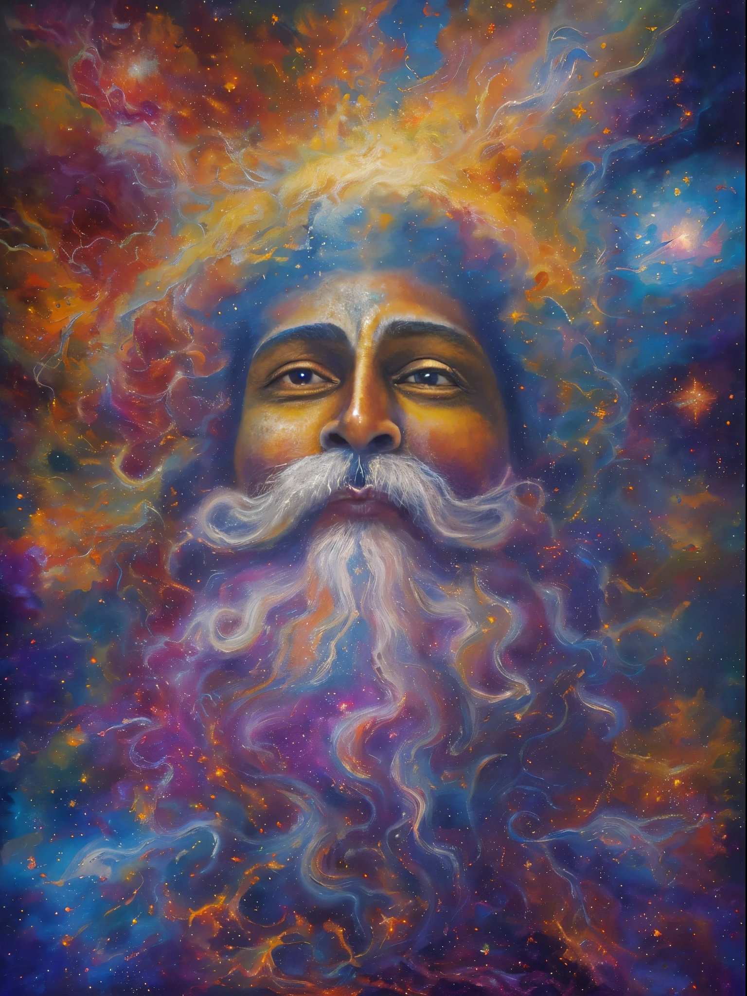 (Best quality at best,4K,8K,A high resolution,tmasterpiece:1.2),ultra - detailed,Cosmic Entity Portrait,cosmic god statue,Fantasy painting,god's face,an abstract spiritual background,centered portrait,Ancient man with beard,Deep Dream Universe,Strange portrait with the Milky Way,image of god in sky,his thoughts on eternity,metaphysical painting