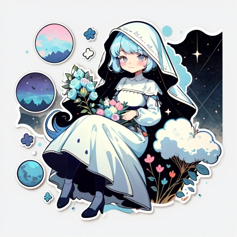 1 sticker, handbook, (Sticker, 1 girl, Medieval heavy dress, luna. veil, bouquet, Separating elements), watercolour, whitebackground, Simple background, minimal, Cute, tiny, Color: pastel colours, vector style, No gradient,