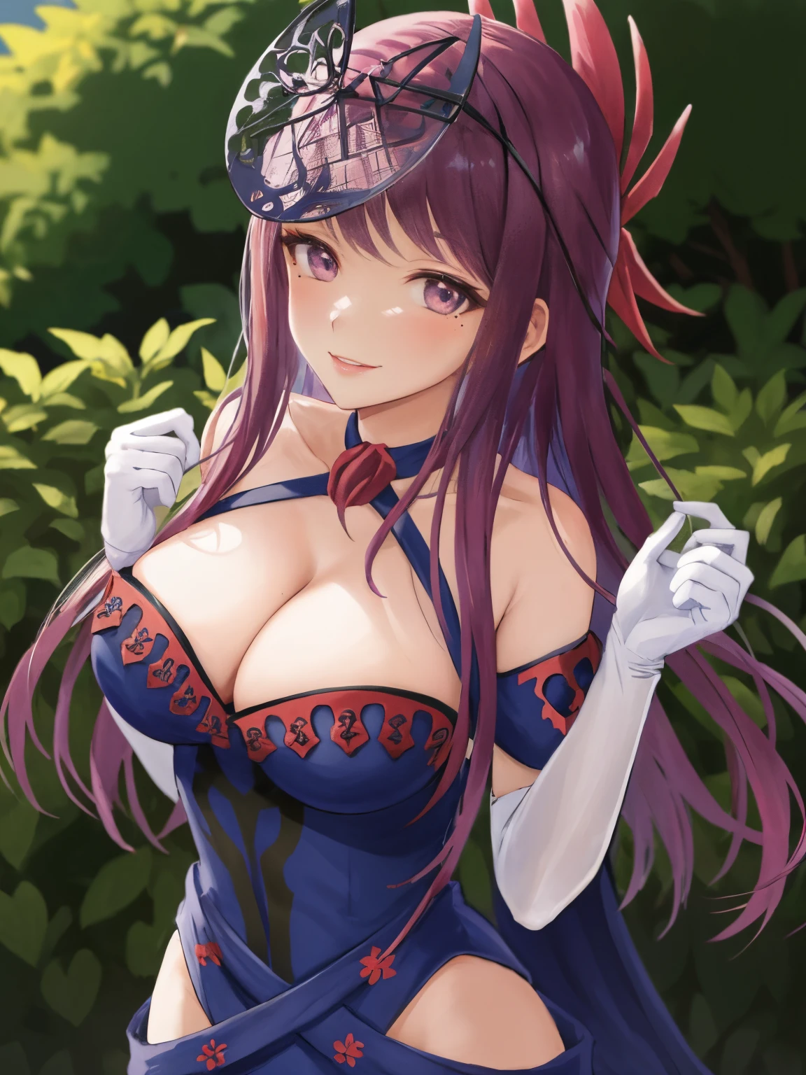 ivy fe, 1girl, solo, breasts, looking at viewer, warm smile, garden background, gloves, dress, cleavage, bare shoulders, purple eyes, upper body, elbow gloves, white gloves, mole, lips, makeup, mask, mole under mouth, full body, sexy pose, cowboy shot