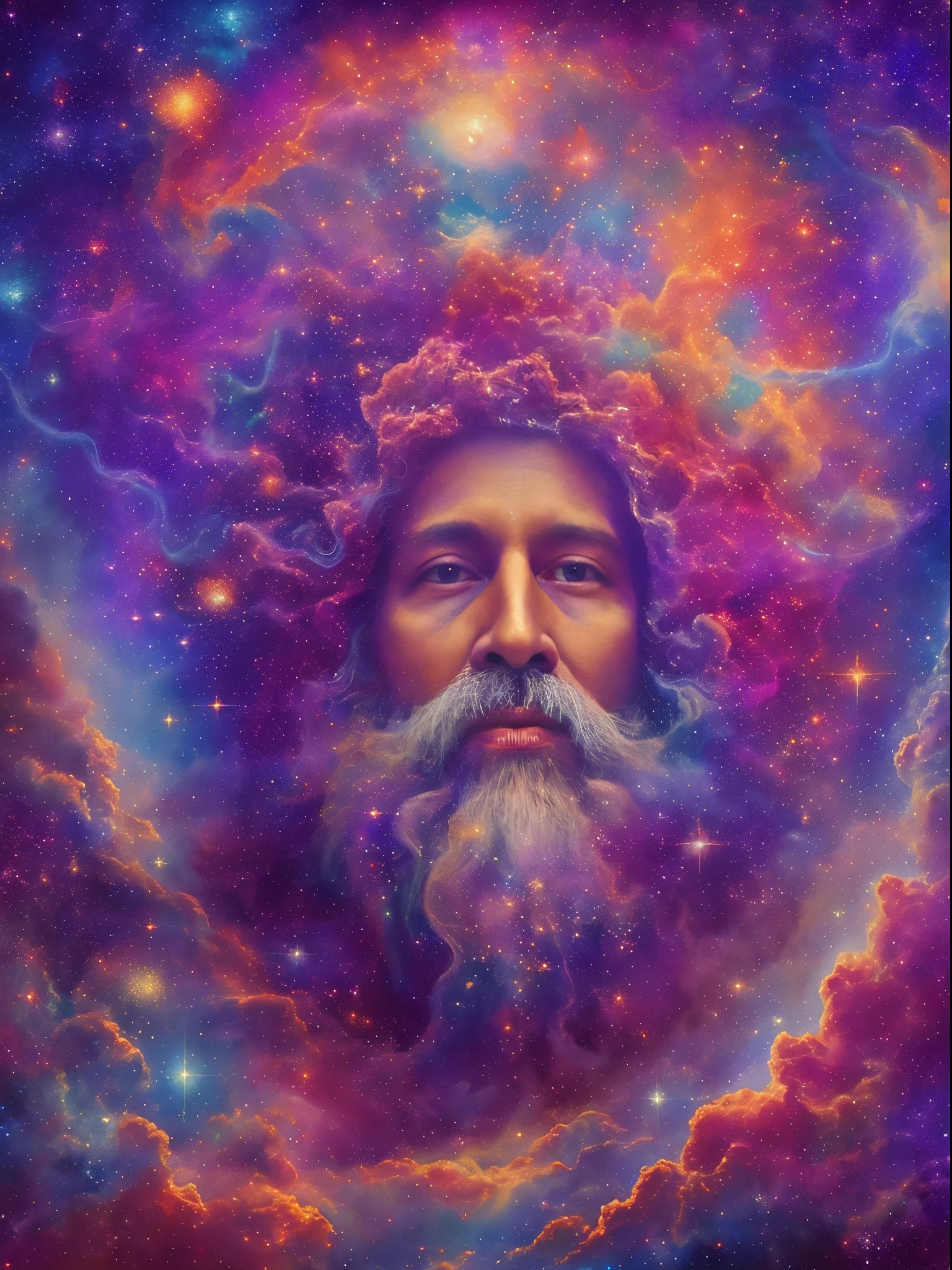 (Best quality at best,4K,8K,A high resolution,tmasterpiece:1.2),ultra - detailed,Cosmic Entity Portrait,cosmic god statue,Fantasy painting,god&#39;s face,an abstract spiritual background,centered portrait,Ancient man with beard,Deep Dream Universe,Strange portrait with the Milky Way,image of god in sky,his thoughts on eternity,metaphysical painting，Five-dimensional space，The vastness of the universe, imagine cosmic dream, in a cosmic field, dreamlike digital painting, in the astral plane
