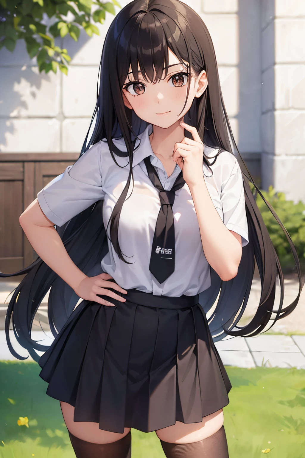 A girl wearing a black school uniform. She has long brown hair and brown eyes, smile, hand on hip,