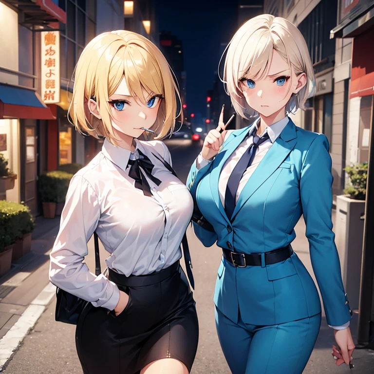 2D Anime Style、Blue eyes、breasts are slightly larger、A cool adult woman with short blonde hair and a serious expression.............、Formal fashion,Bring the cigarette to your mouth with your left hand,Right hand is open,Walking around the city alone,